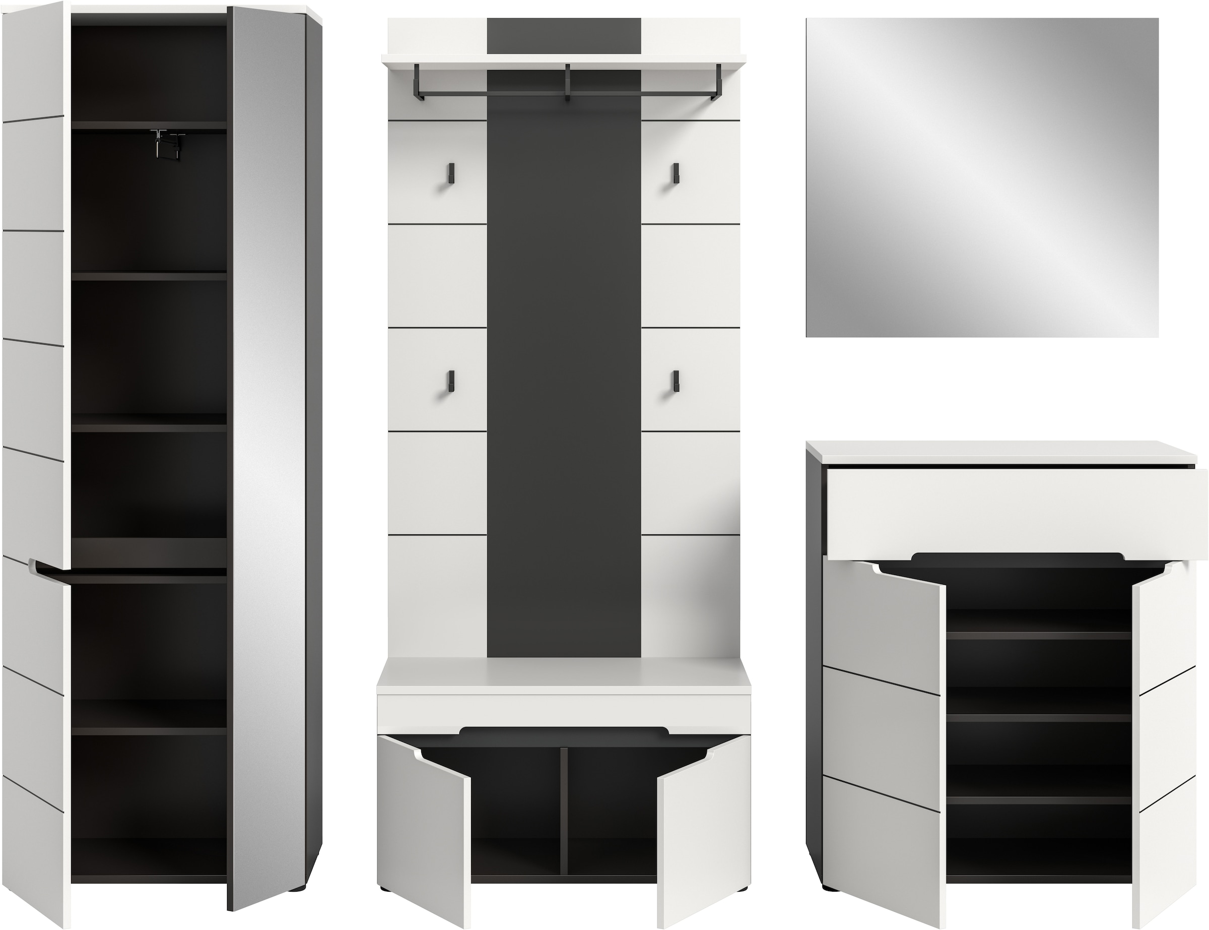 Home affaire Ensemble de vestiaires »REHAT, TOPSELLER!, 5-teilig, Breite 255cm, individuell erweiterbar« Set, bestehend aus: Garderobenschrank, Sitzbank, Paneel, Spiegel, Kommode, 5 cuis tlg.