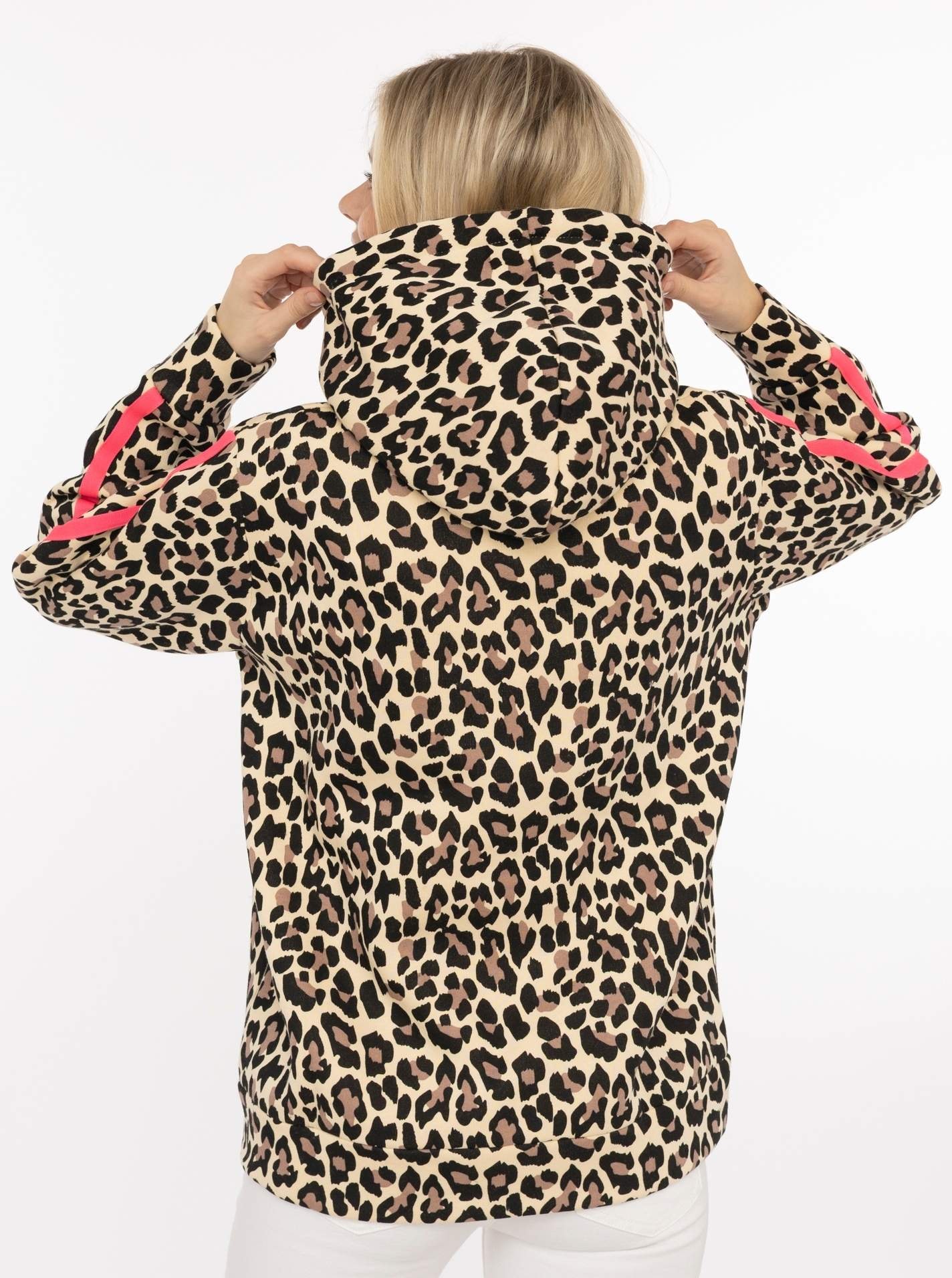 Zwillingsherz Sweat à capuche »"Leo"« motif léopard, bande rose sur le bras, capuche avec cordon, poche, fermeture éclair