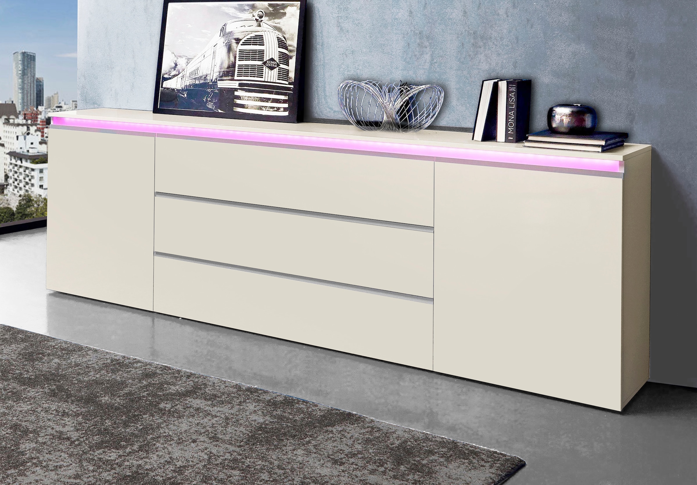 Home affaire Buffet »Magic, Kommode, Schrank, Stauraumschrank« Hochwertiger Aluminiumgriff, 2 Türen, 3 Schubkästen,B/T/H 240×40×81 cm
