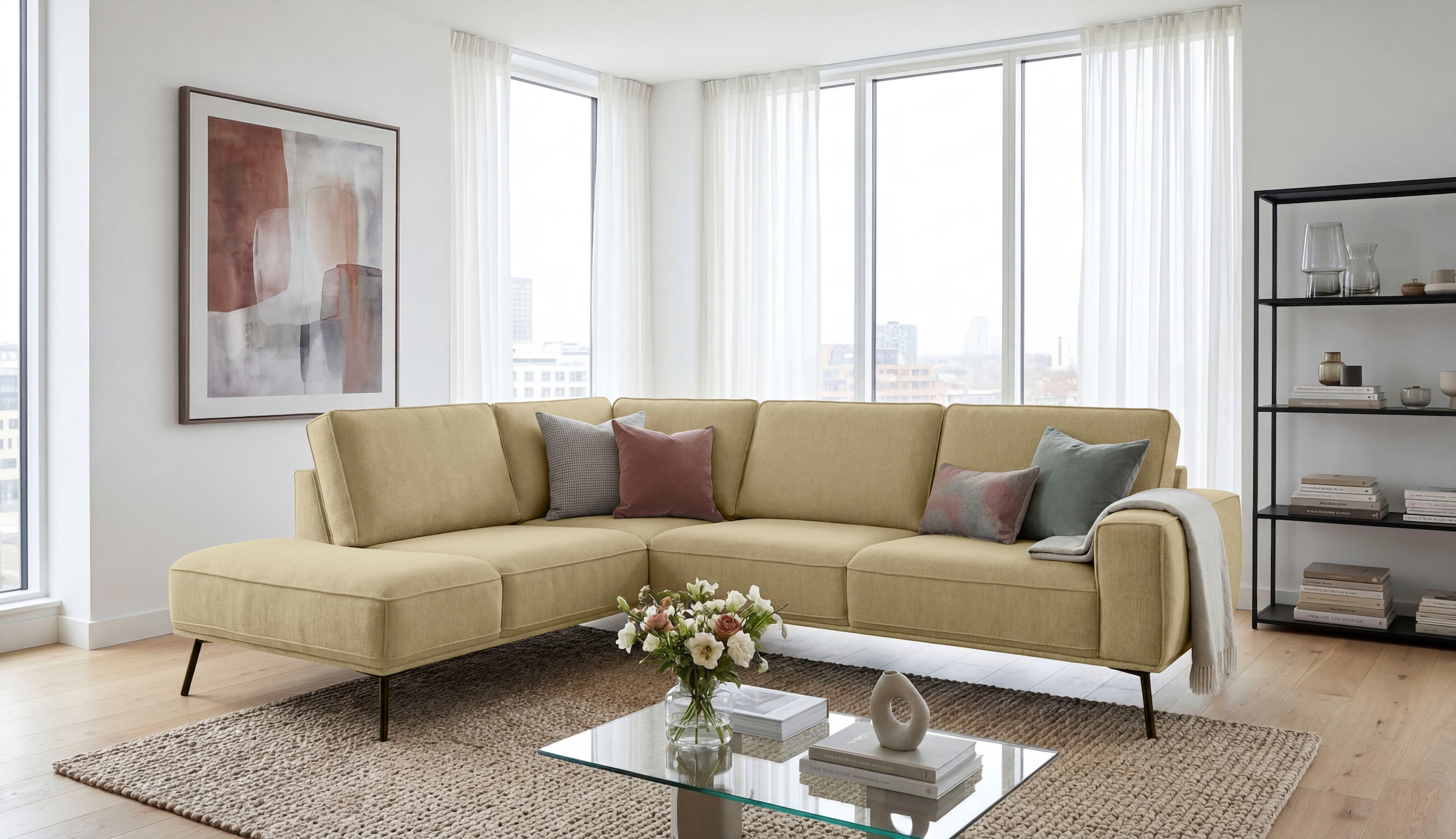 GOODproduct Canapé d'angle »Vosby« 260 cm, chenille, avec couture décorative en cordon, suspension ondulée