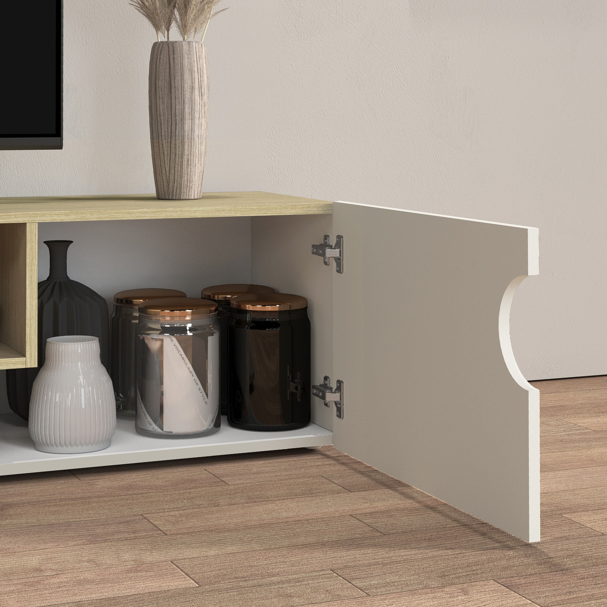 INOSIGN Table basse »REAL TV-Möbel, 240 cm breit, 40/60 cm hoch, Hochglanz oder matt« mit 2 abgerundeten Türen, 1 Klappe, die ein ovales offenes Fach bilden