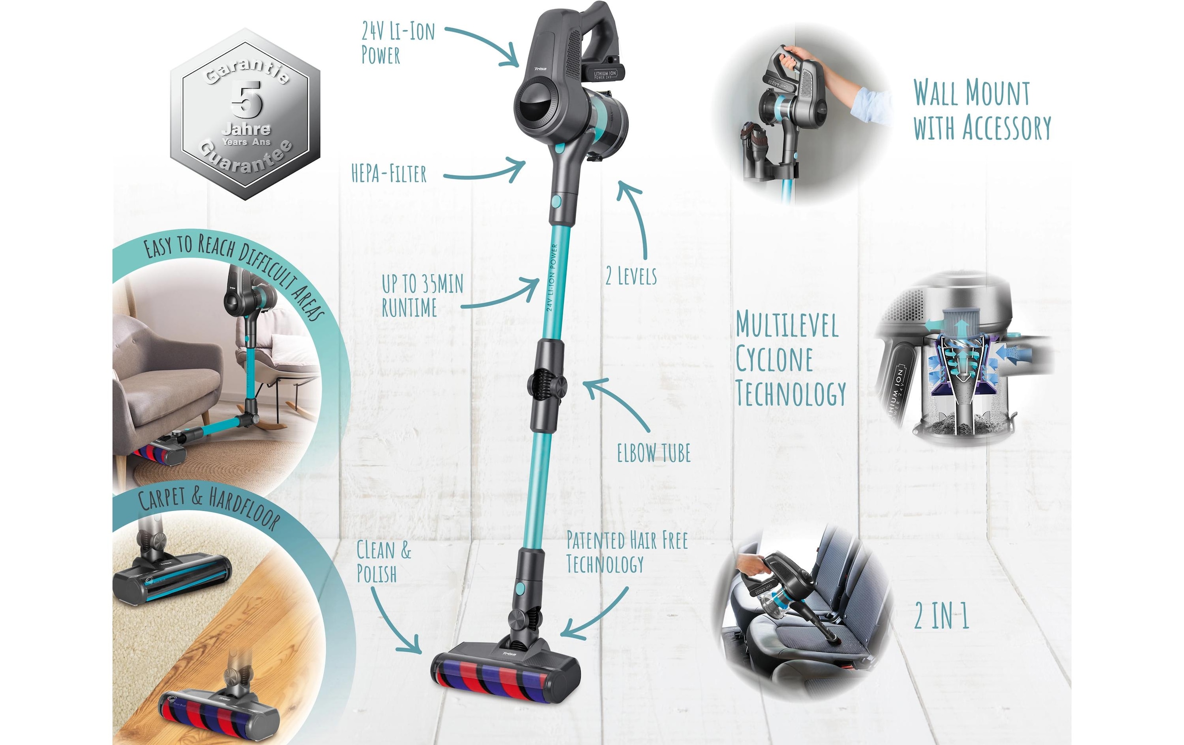 Trisa Aspirateur à main et à manche sans fil »Quick Clean Professional T9312«