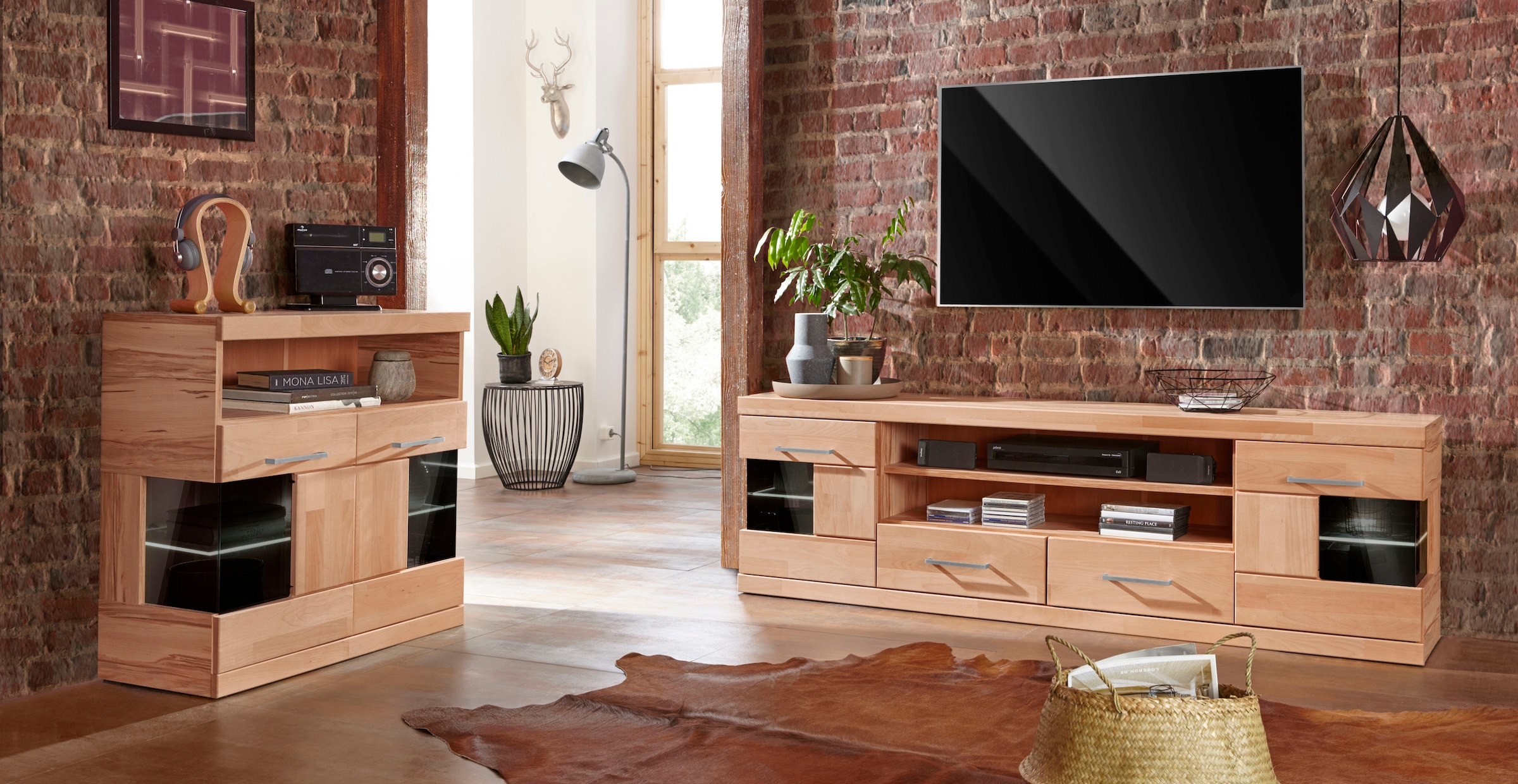 GOODproduct Table basse »Ribe,180cm breit, Fronten Massivholz,6 Fächer,Kabeldurchführung« Korpus Holzwerkstoff,Glaseinsatz aus gehärtetem Glas,Böden versetzbar