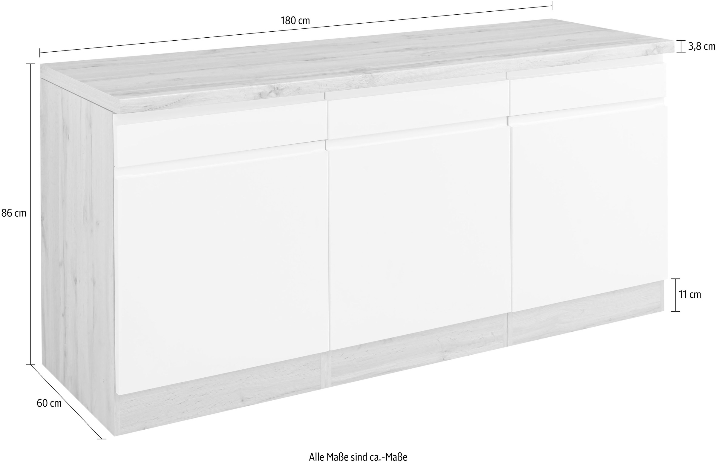 KOCHSTATION Armoire basse »KS-Bruneck« »Bruneck« largeur 180 cm, beaucoup d'espace de rangement, façades MDF de haute qualité