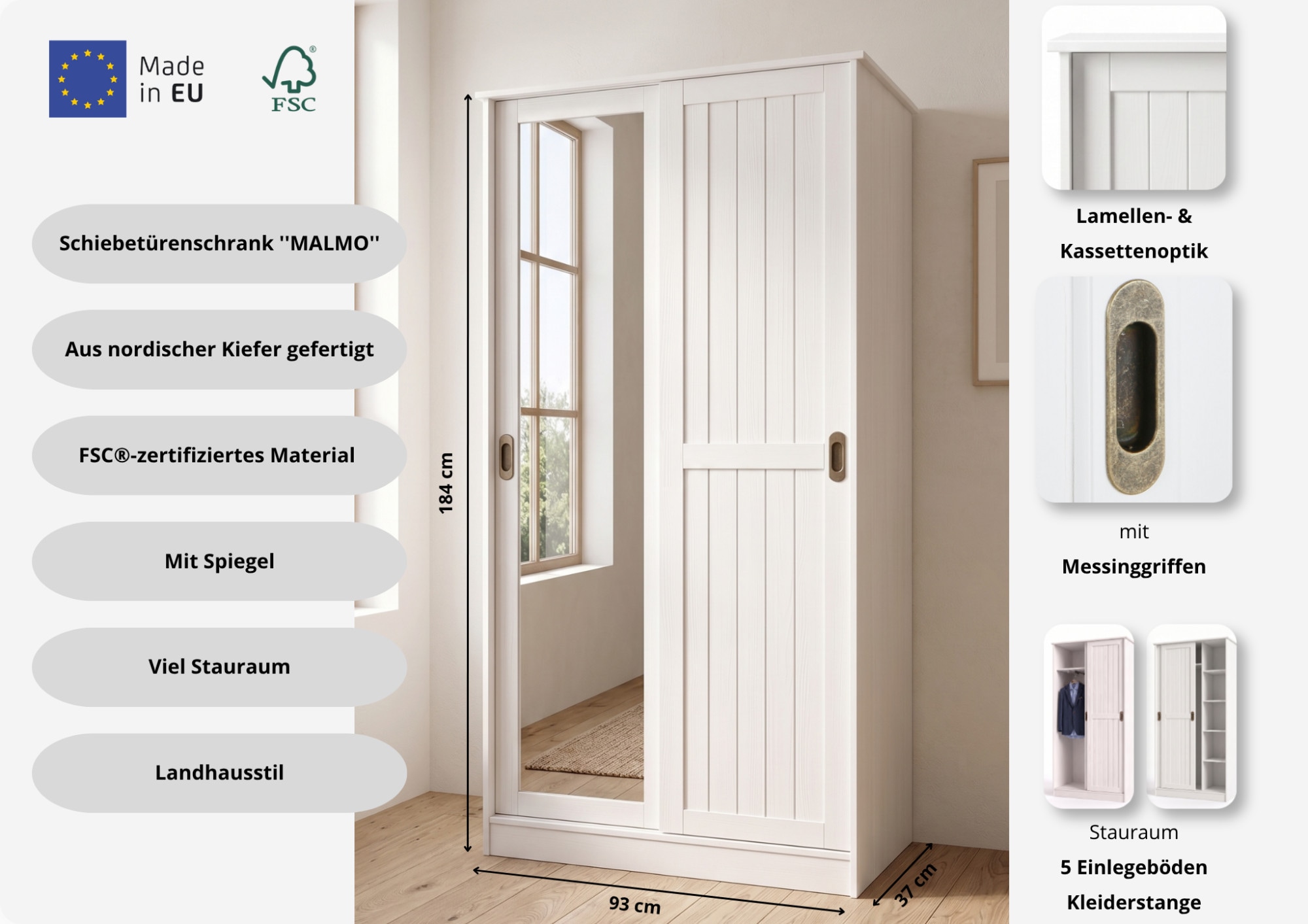 GOODproduct Garderobenschrank »Malmö Mehrzweckschrank mit Schiebetüren und Spiegel« aus massiver FSC®-zertifizierter Kiefer, B/T/H 93/37/187 cm