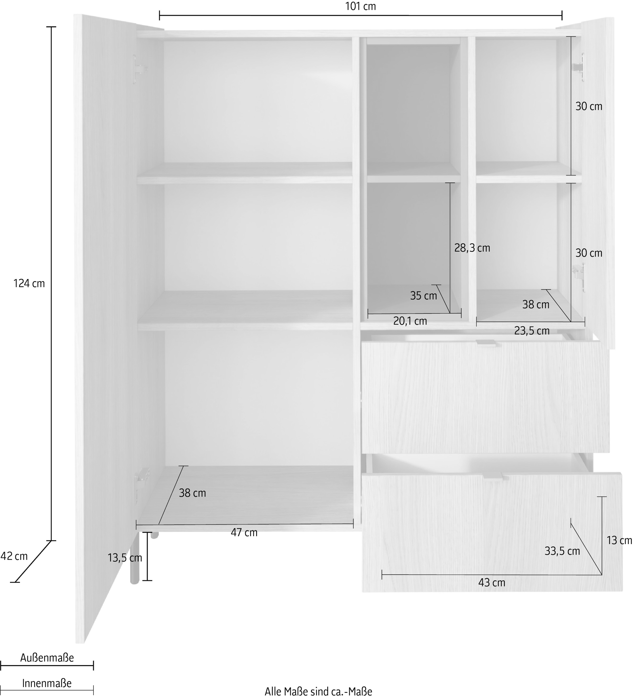 GOODproduct Buffet haut »Badia, B/H 101/124 cm, 2 Türen, 2 Schubkästen, Stauraumschrank« Top intégré, pieds métalliques droits, accents de couleur sauge