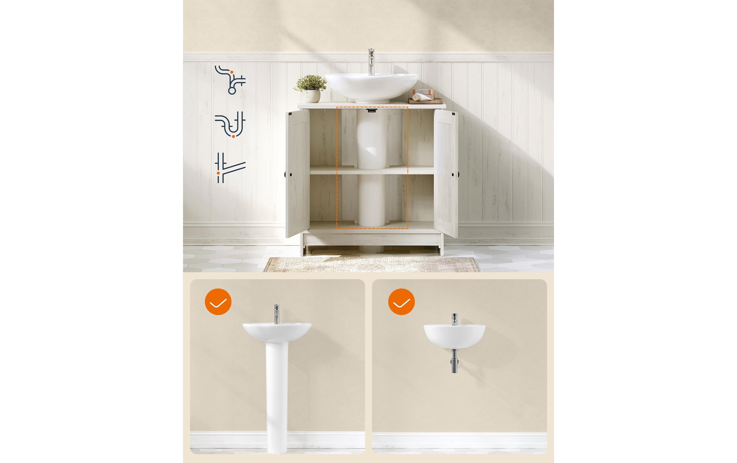 VASAGLE Armoire sous lavabo »60 x 61.2 cm« Moderner Badezimmer-Unterschrank im Landhausstil