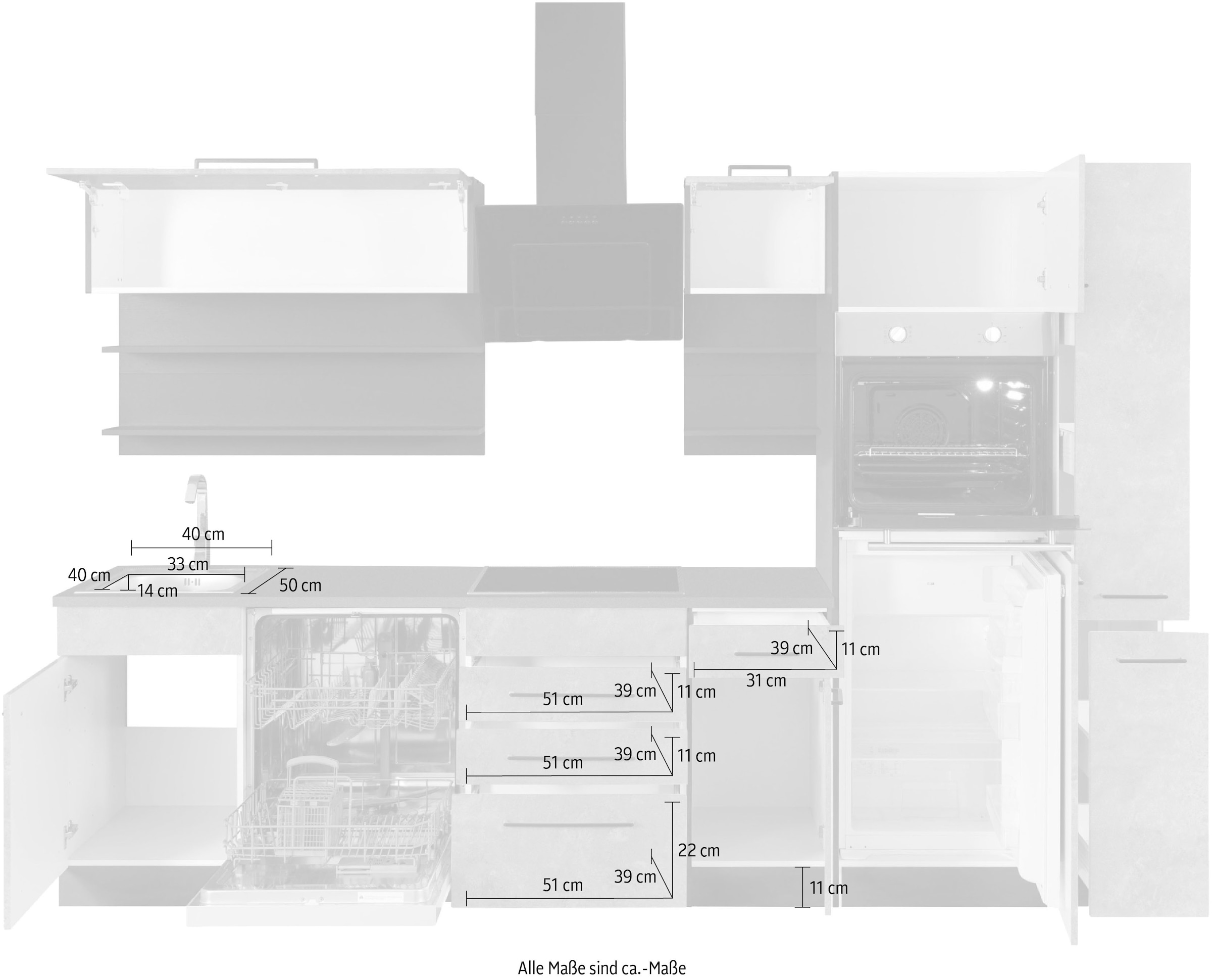 KOCHSTATION Kitchenette »KS-Tulsa« sans appareils électriques, largeur 300 cm, poignées métal noires, façades MDF