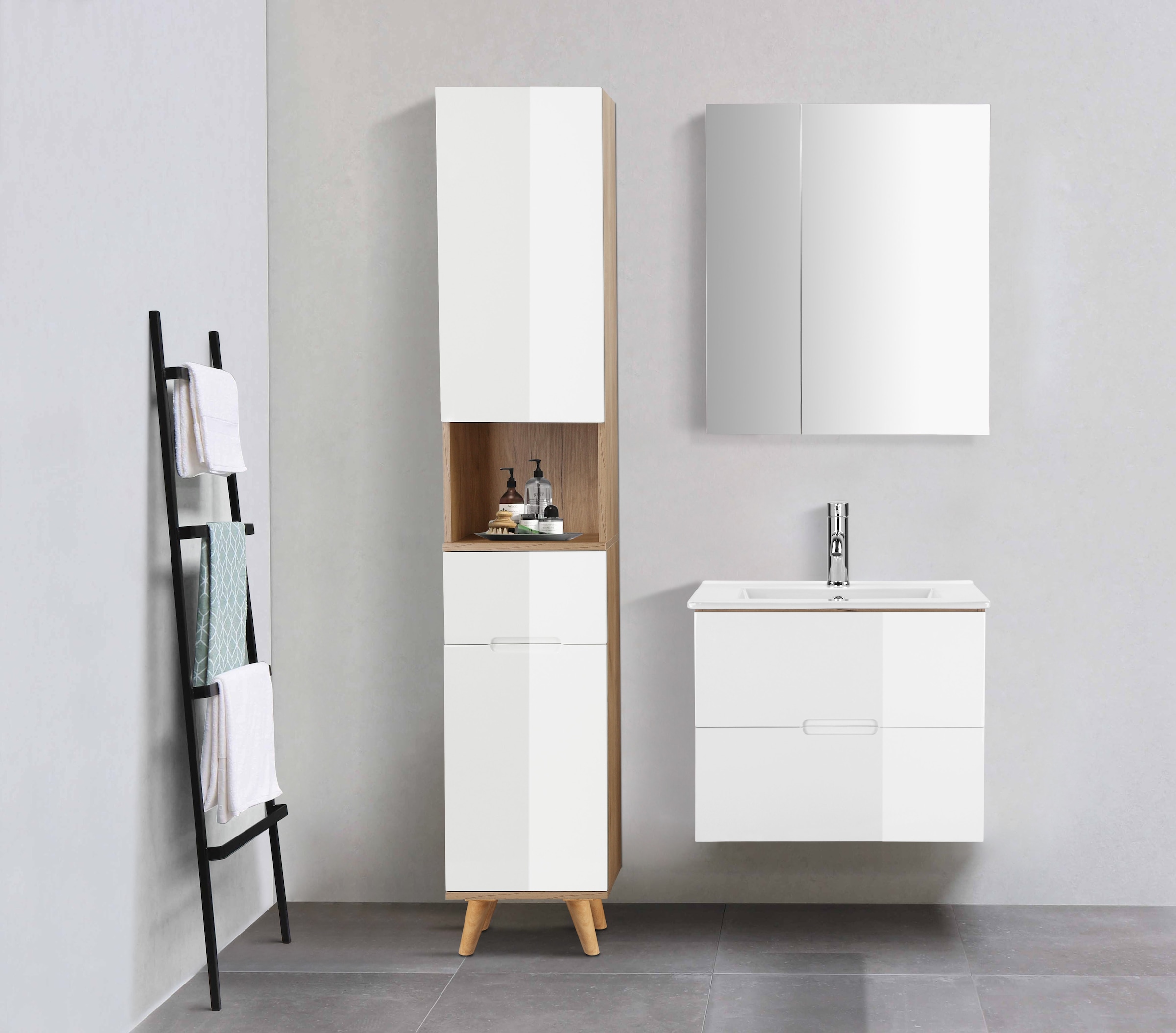 welltime Hochschrank »Lund Badschrank skandinavisches Design mit viel Stauraum« Badmöbel, 2 Türen und 1 Schublade, Breite 35cm