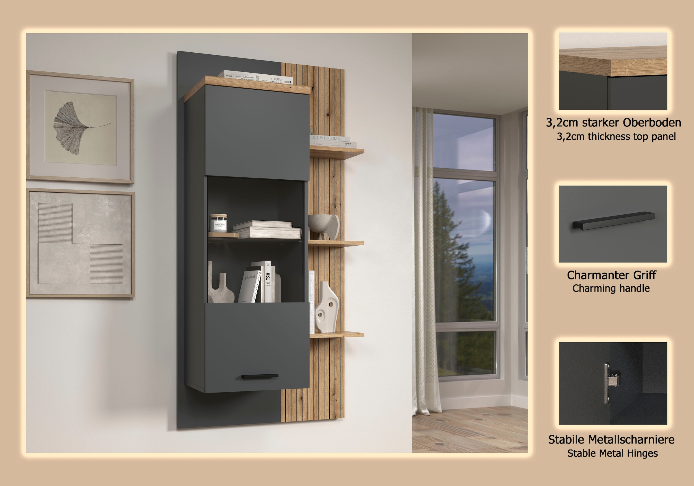 Home affaire Vitrine suspendue »Bajo« 1 cuis tlg. Hängeschrank mit 1 Tür & 1 Glasboden – (B/T/H) 80/32/161 cm