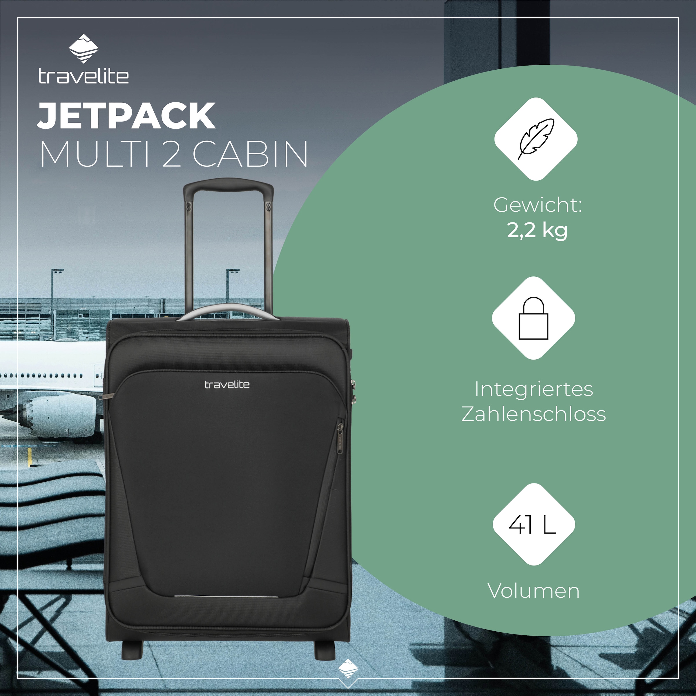 travelite Trolley pour bagages à main »JETPACK Multi 2 Cabin Handgepäck Koffer« 41 litre 2 Rollen bagages souples, adaptés à Ryanair, Condor et de nombreuses compagnies aériennes courantes