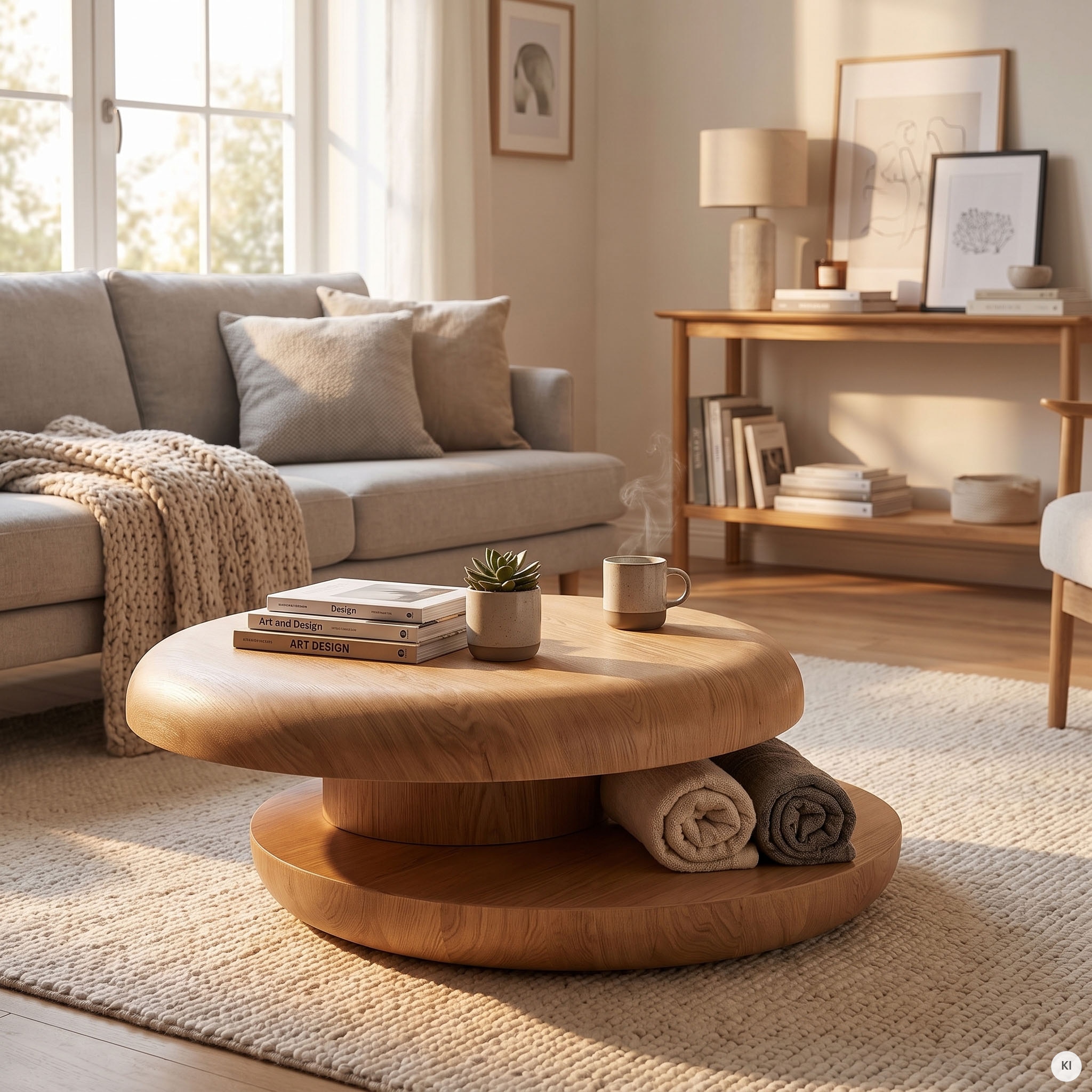 SalesFever Couchtisch »drehbar - runder Design-Wohnzimmertisch aus Holz« 1 Stk. tlg. Stilvoller & moderner Tisch mit Echtholzfurnier, Ø 90 cm