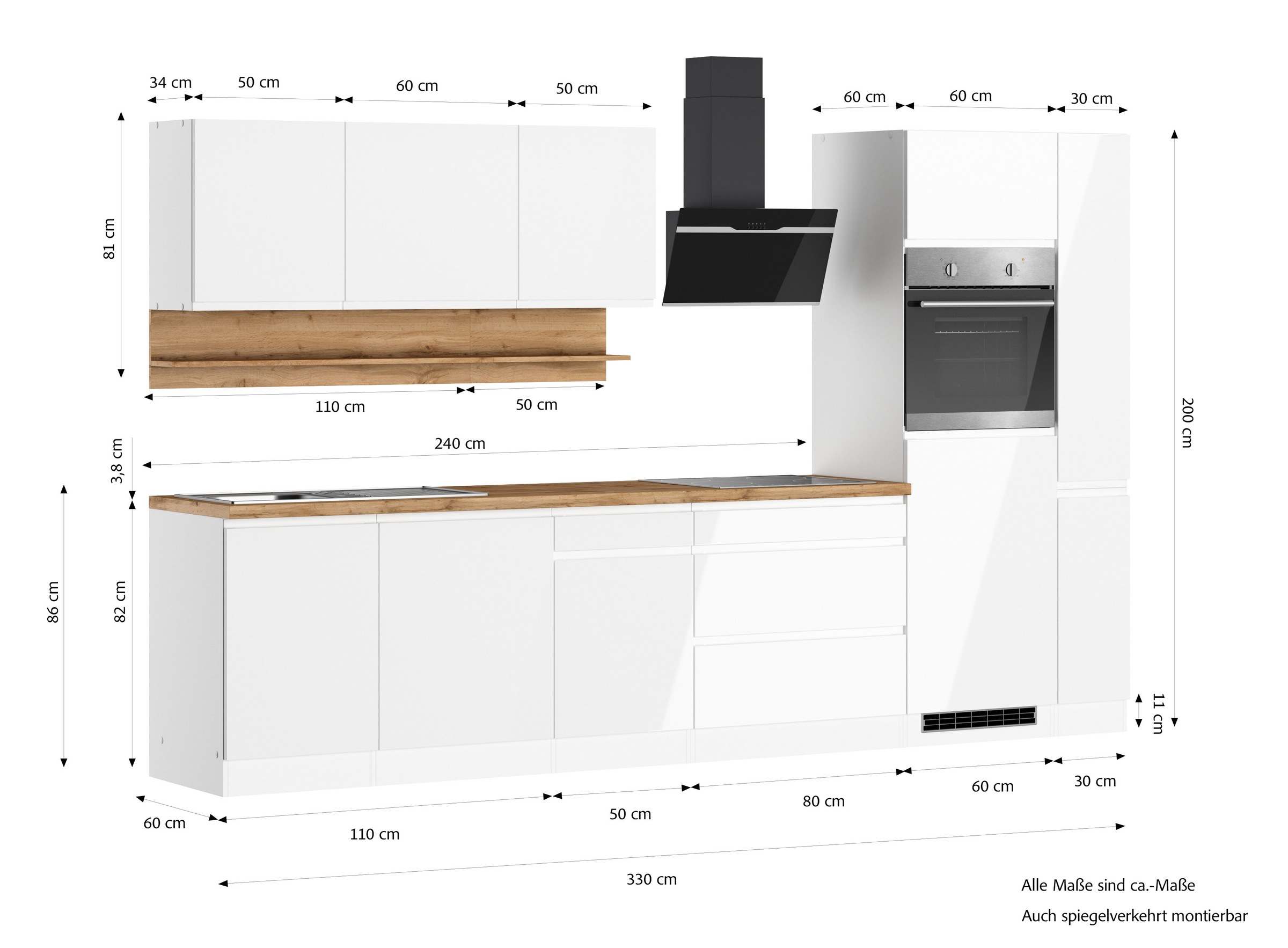 KOCHSTATION Kitchenette »KS-Virginia,neu in verbesserter Ausführung« plan de travail épaisseur 38 mm, rangement, fermeture douce,  largeur 330 cm, Soft-Close, sans appareils électriques