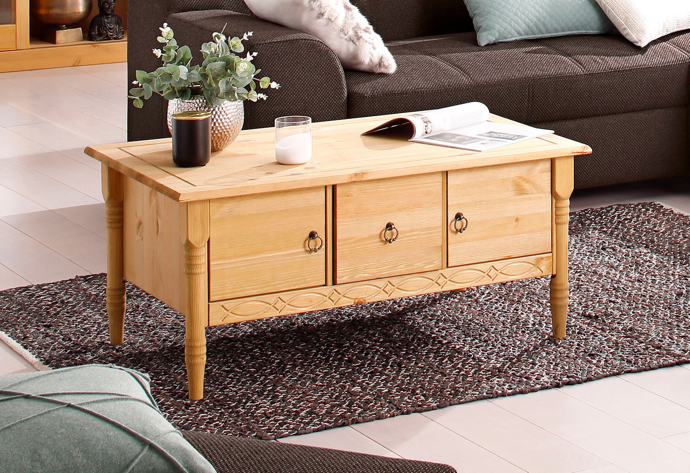 GOODproduct Couchtisch »Indra« aus massiver Kiefer, FSC®, mit Stauraum, dezentes Ornament