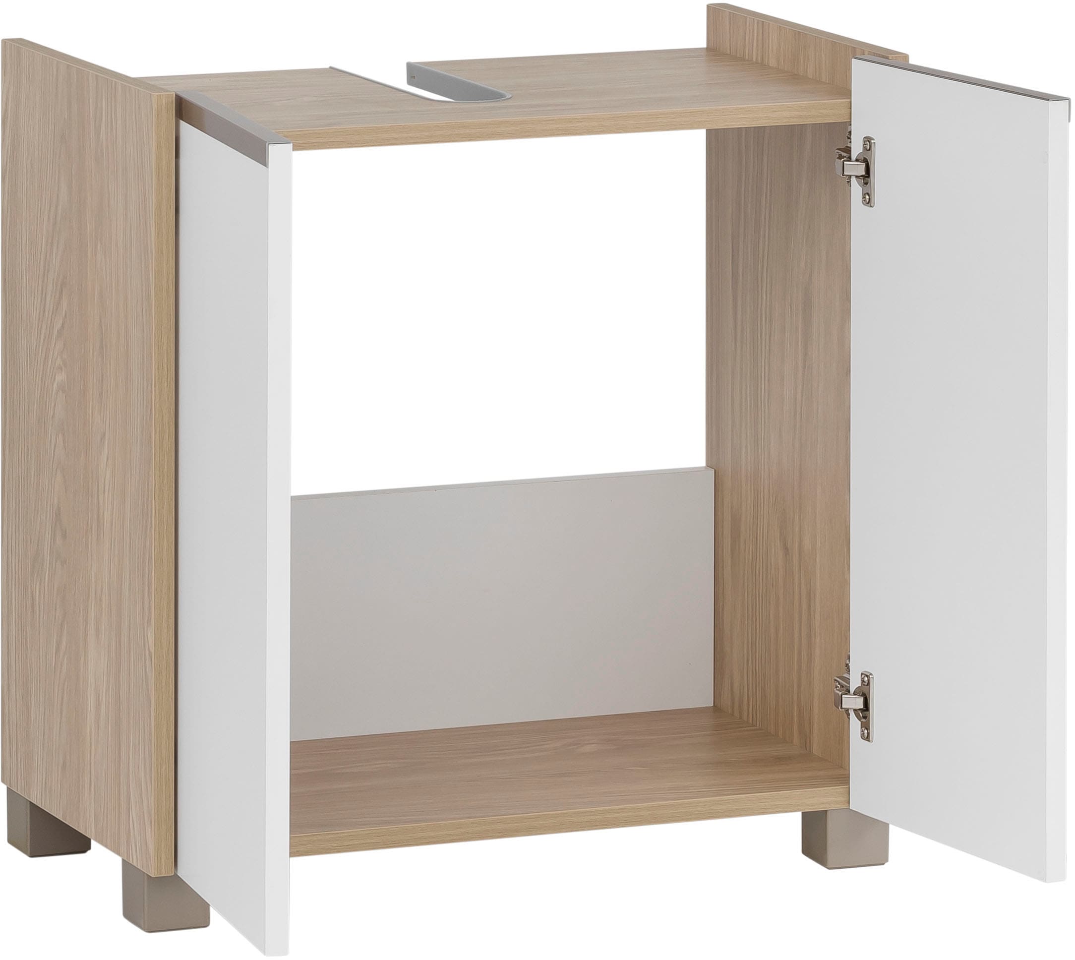 welltime Waschbeckenunterschrank »Juba Breite 56,9 cm« Eiche Hell Dekor mit fühlbarer Holzstruktur, Beschläge aus Metall