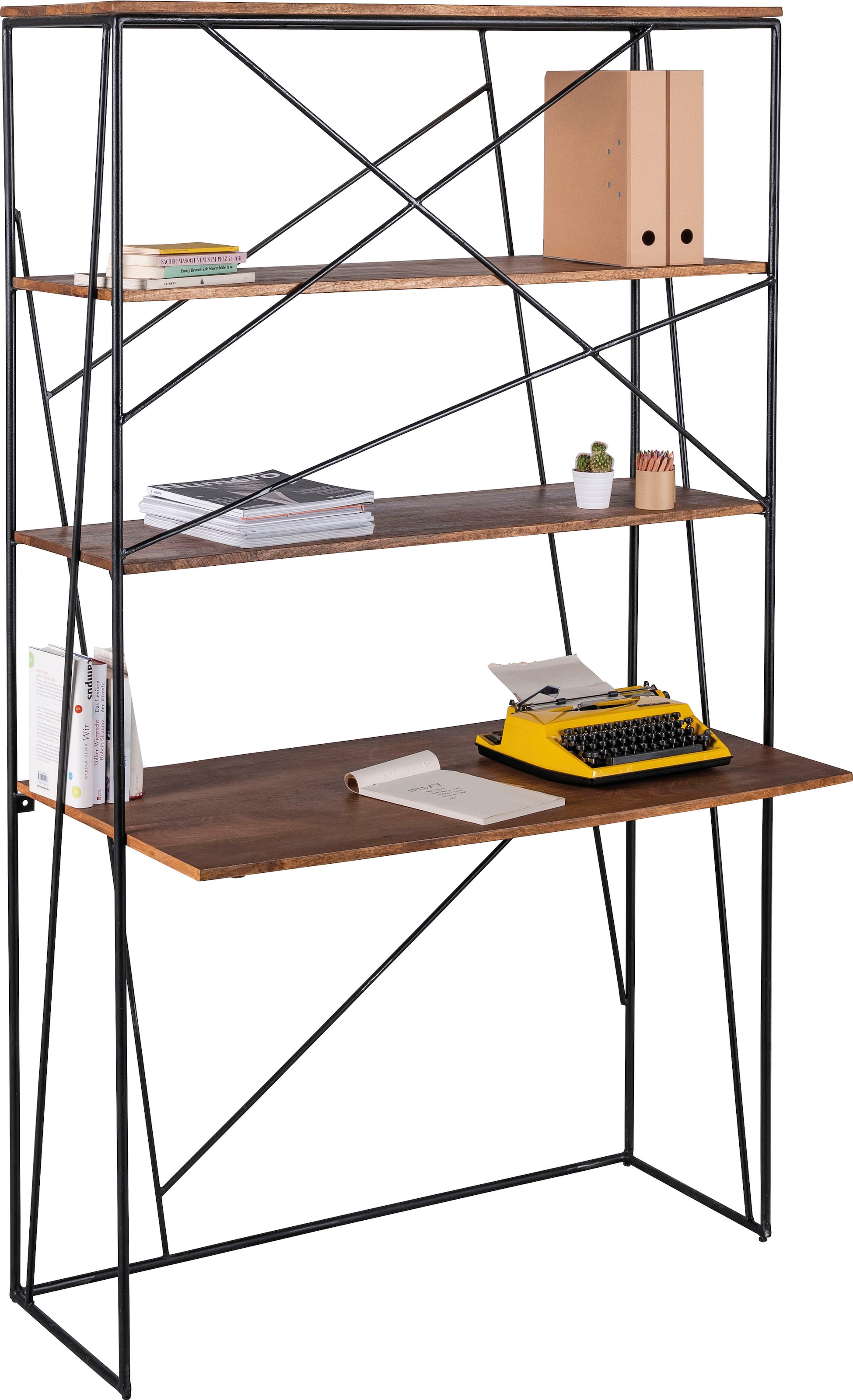SIT Secrétaire »Spoleto aus Mangoholz mit Metallregal Industrial« Étagère ouverte avec surface d'écriture intégrée au design industriel
