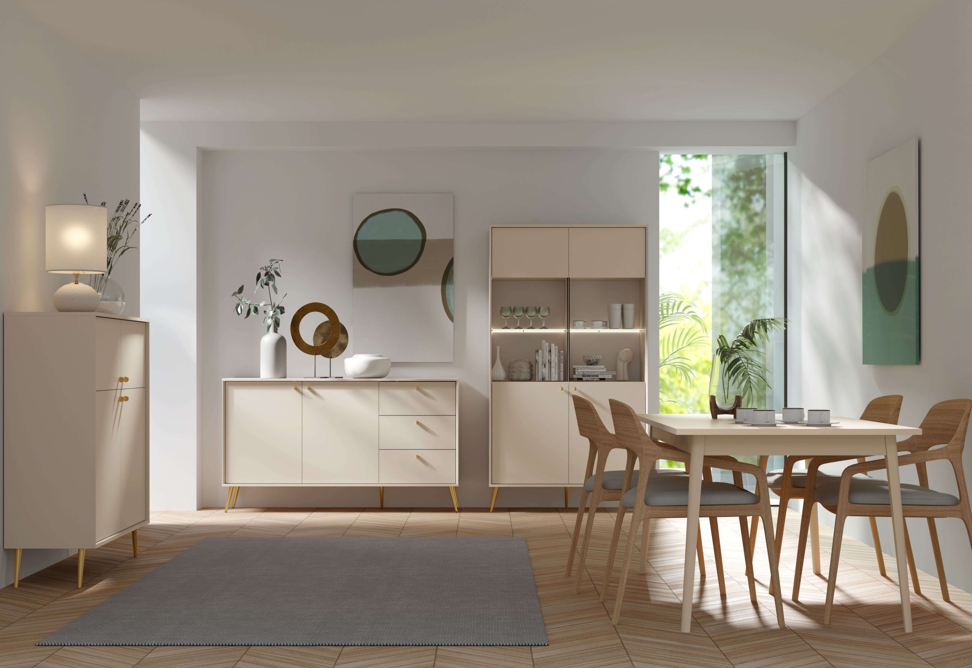 Home affaire Commode »ROMELIS Sideboard mit 3 Schubladen und 2 Türen, B/T/H: 156/40,5/89 cm« Beige Kommode mit goldenen Griffen auf goldenen Füssen, viel Stauraum