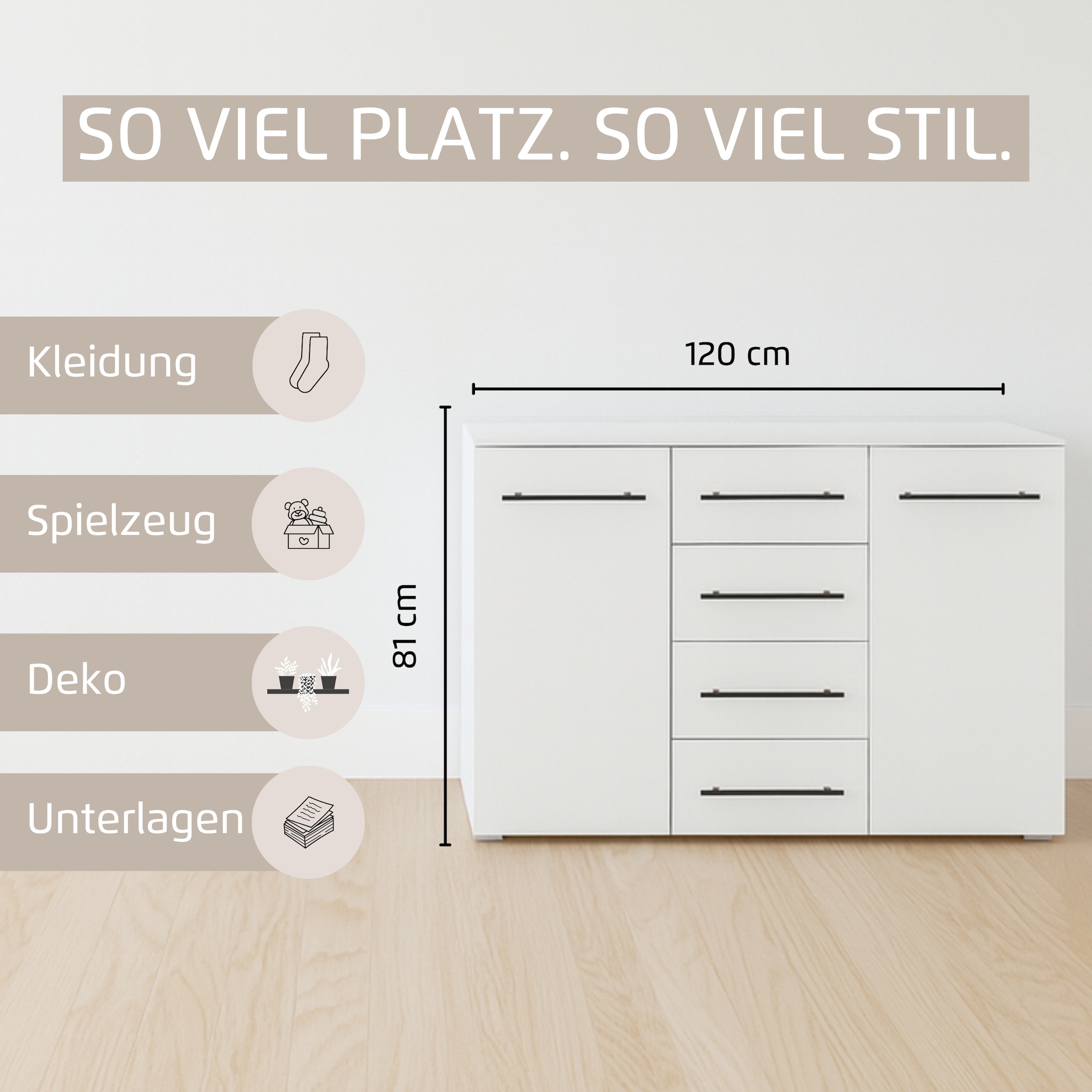 GOODproduct Kombikommode »Highboard Sideboard Schubladenkommode Kommode Schlafzimmer AVOLA« Breite 120 cm inkl. SOFT-CLOSE-FUNKTION mit Dekorfront,  vier grosse Schubladen und 2 Türen, mit 4 Einlegeböden MADE IN GERMANY