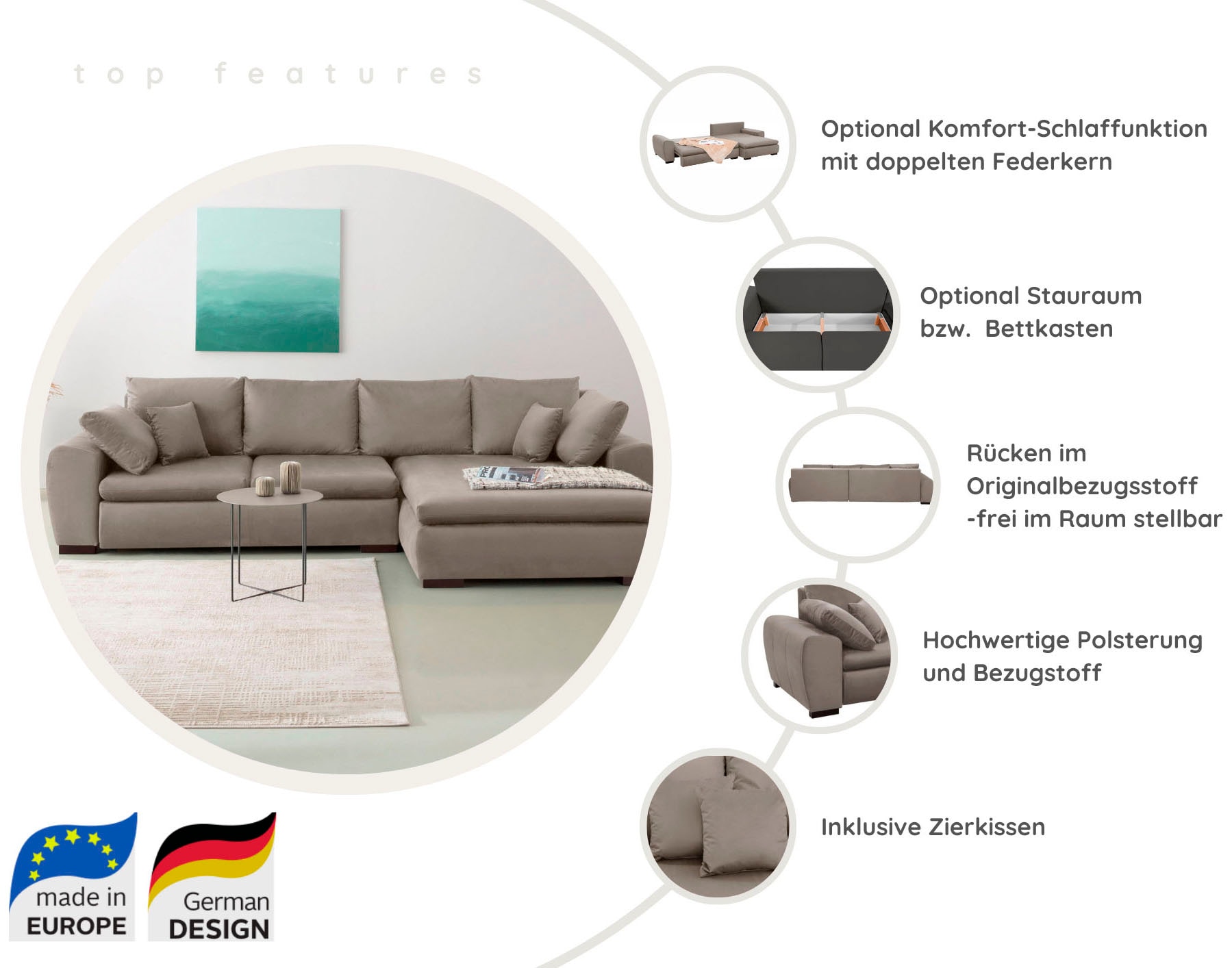 Home affaire Canapé d'angle »Cara Mia L-Form, B: 325 cm, XXL-Sofa mit 4 Zierkissen« avec fonction couchage et coffre à lit, surface allongée 145x270 cm