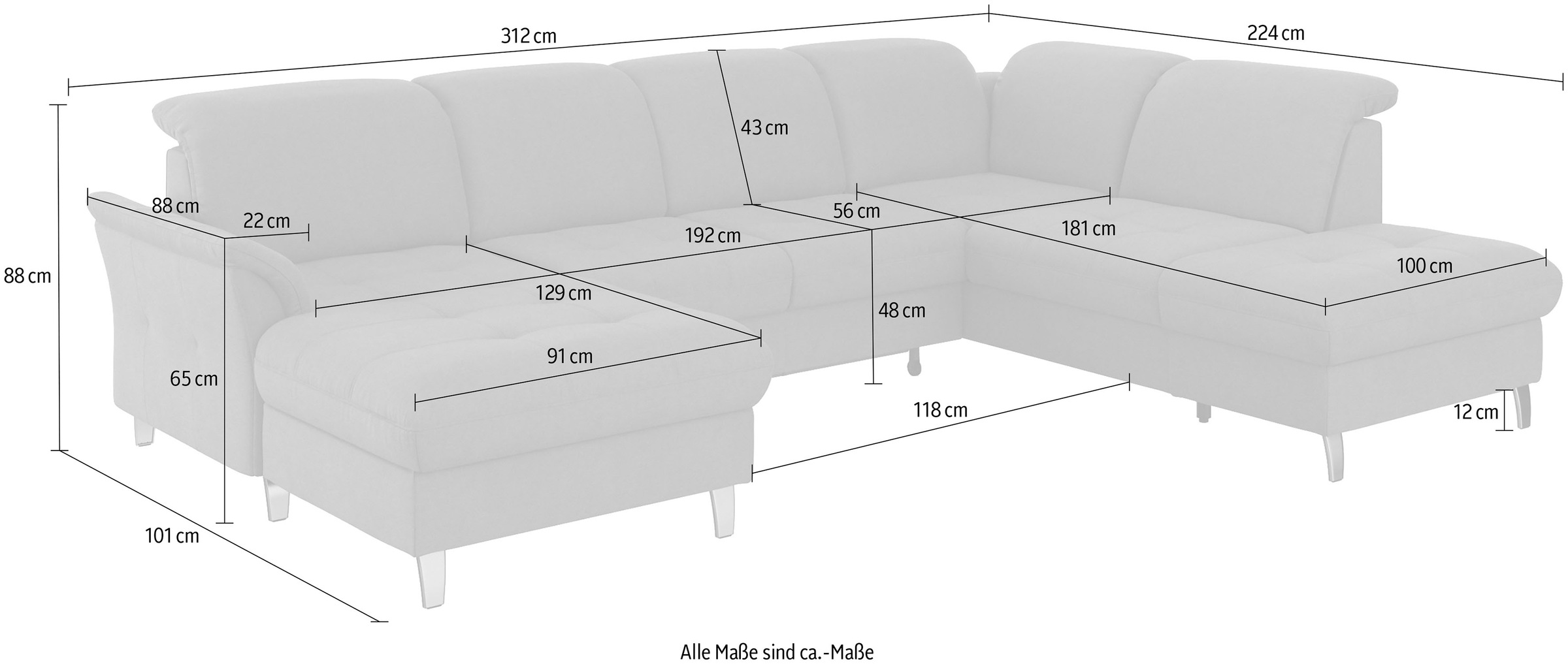 sit&more Paysage de salon »Maggiore U-Form« wahlweise mit Kopfteilverstellung, Bettfunktion und Stauraum