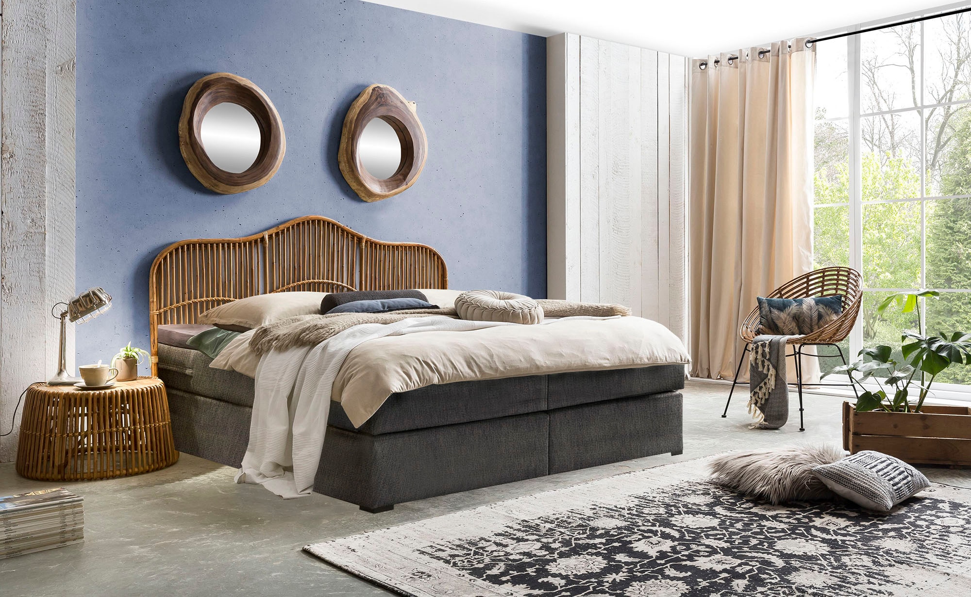 SIT Lit boxspring »Syracuse 180x200 cm mit Rattan-Kopfteil und Topper« Tête de lit en rotin véritable rencontre le confort de la literie à ressorts