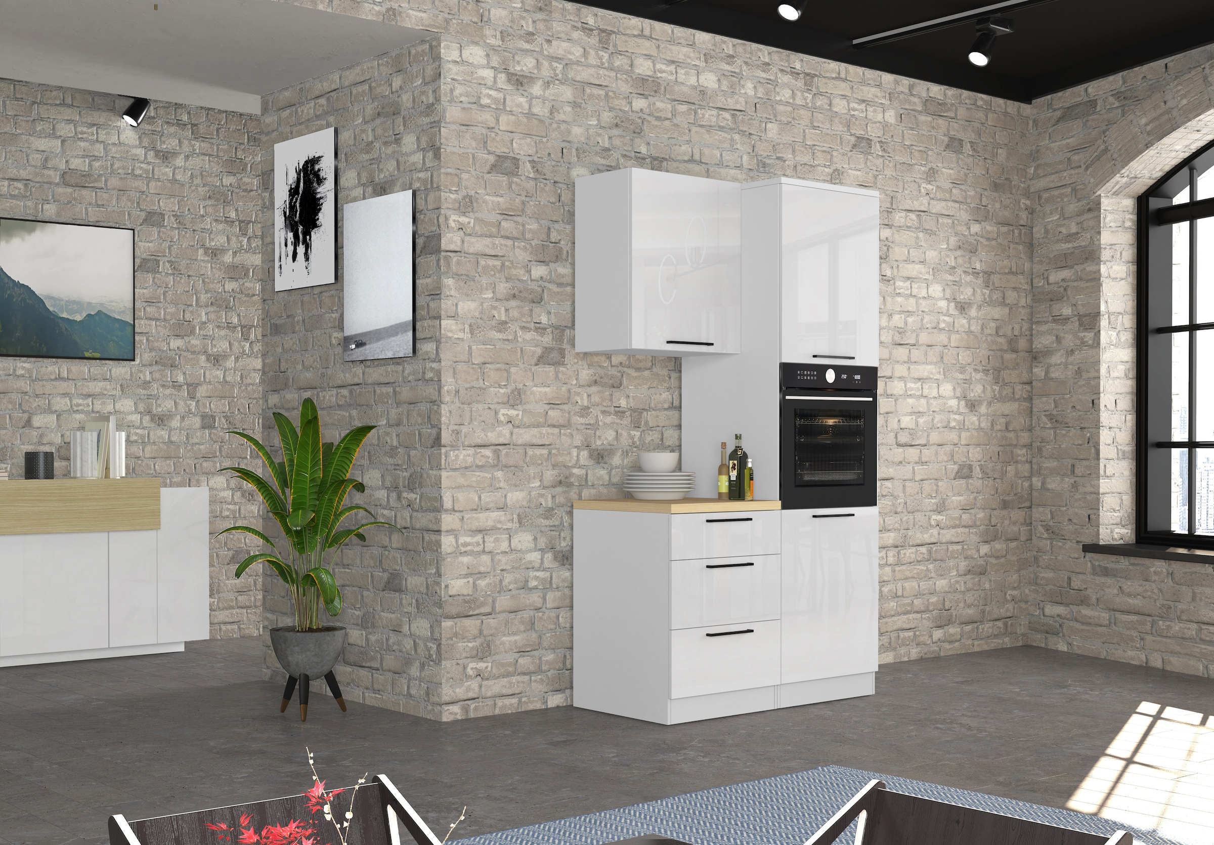 KOCHSTATION Armoire d'encastrement pour four »Luna, Backofenschrank, Backofen-Hochschrank, Made in Italy« B/T/H: 60×60×214,5 cm, Oberplatte mit 25 mm Stärke
