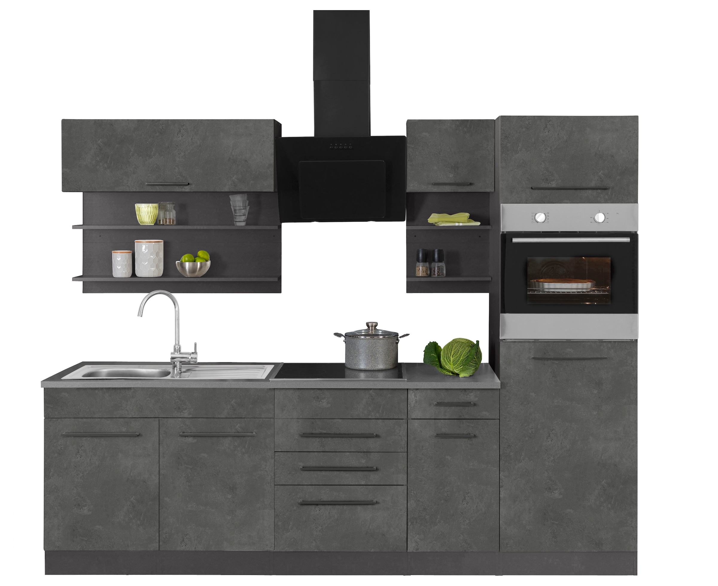KOCHSTATION Küchenzeile »KS-Tulsa« ohne E-Geräte, Breite 270 cm, schwarze Metallgriffe, MDF Fronten