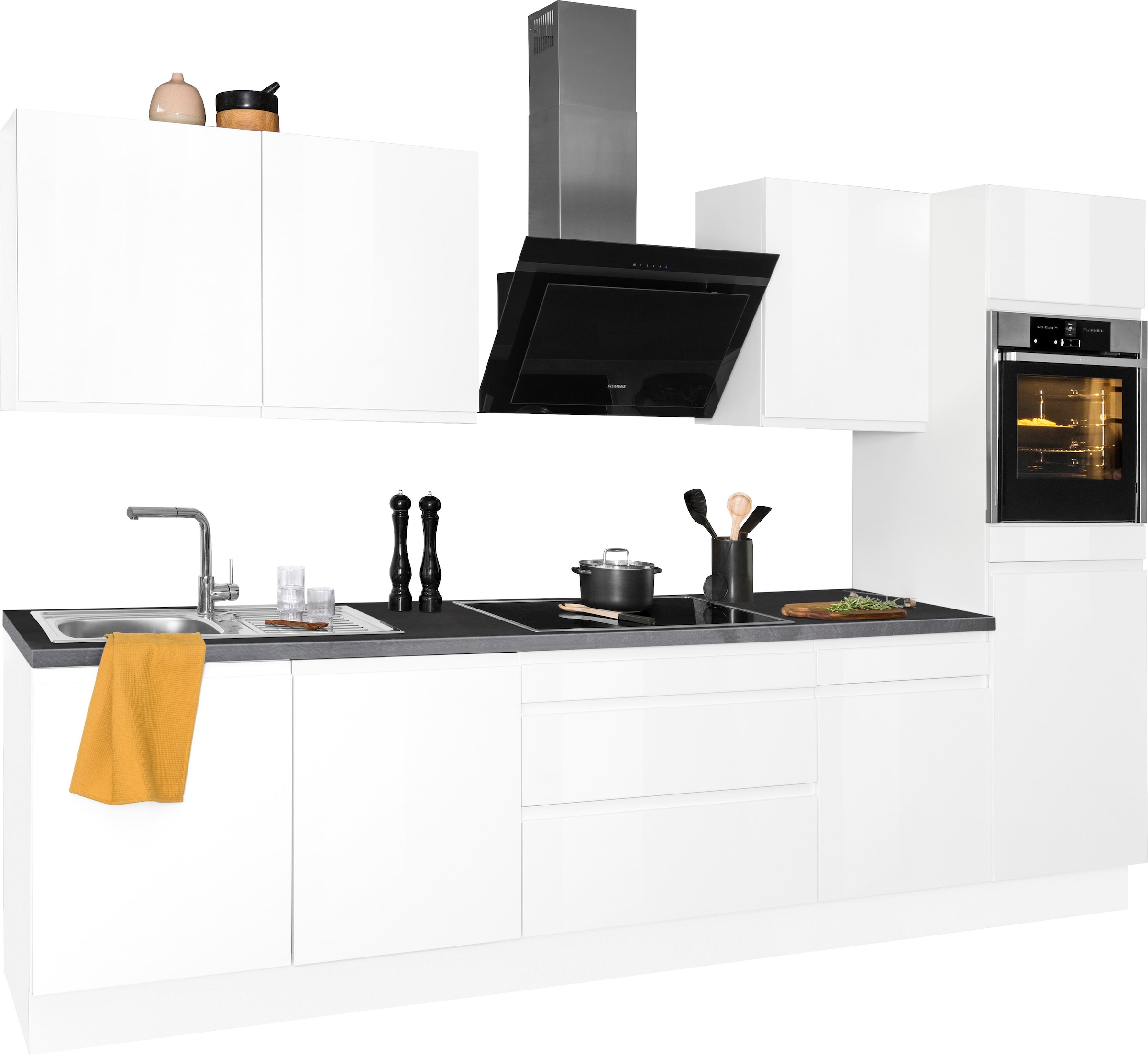 KOCHSTATION Küchenzeile »KS-Avio« 38 mm starke Arbeitsplatte und Hochglanz-Fronten,  Breite 330 cm