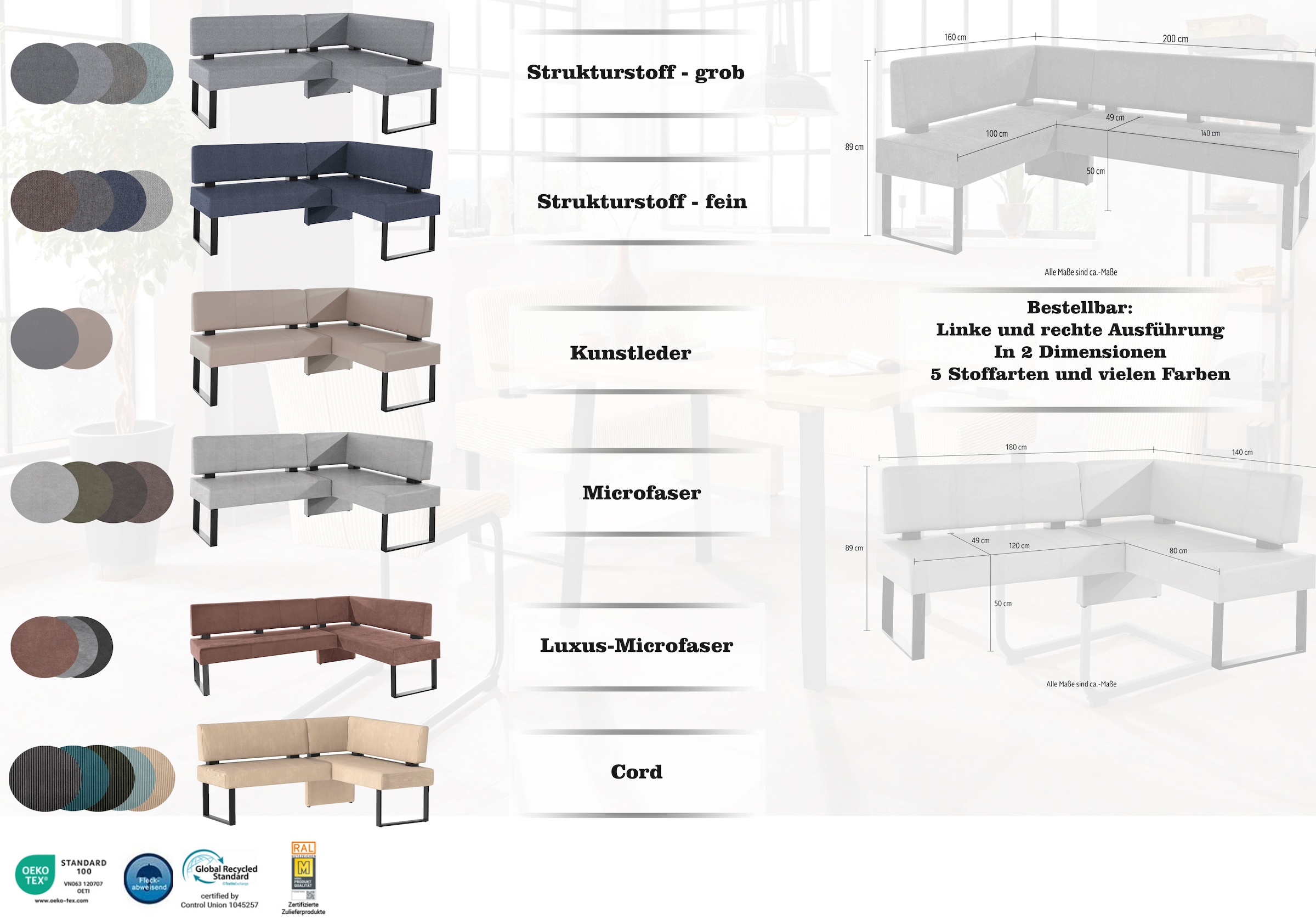 GOODproduct Ensemble de bancs d'angle »Oliver« Set, 4-tlg, 4 cuis tlg. Eckbank mit Wellenunterfederung im Sitz, Tisch Massiv Eiche