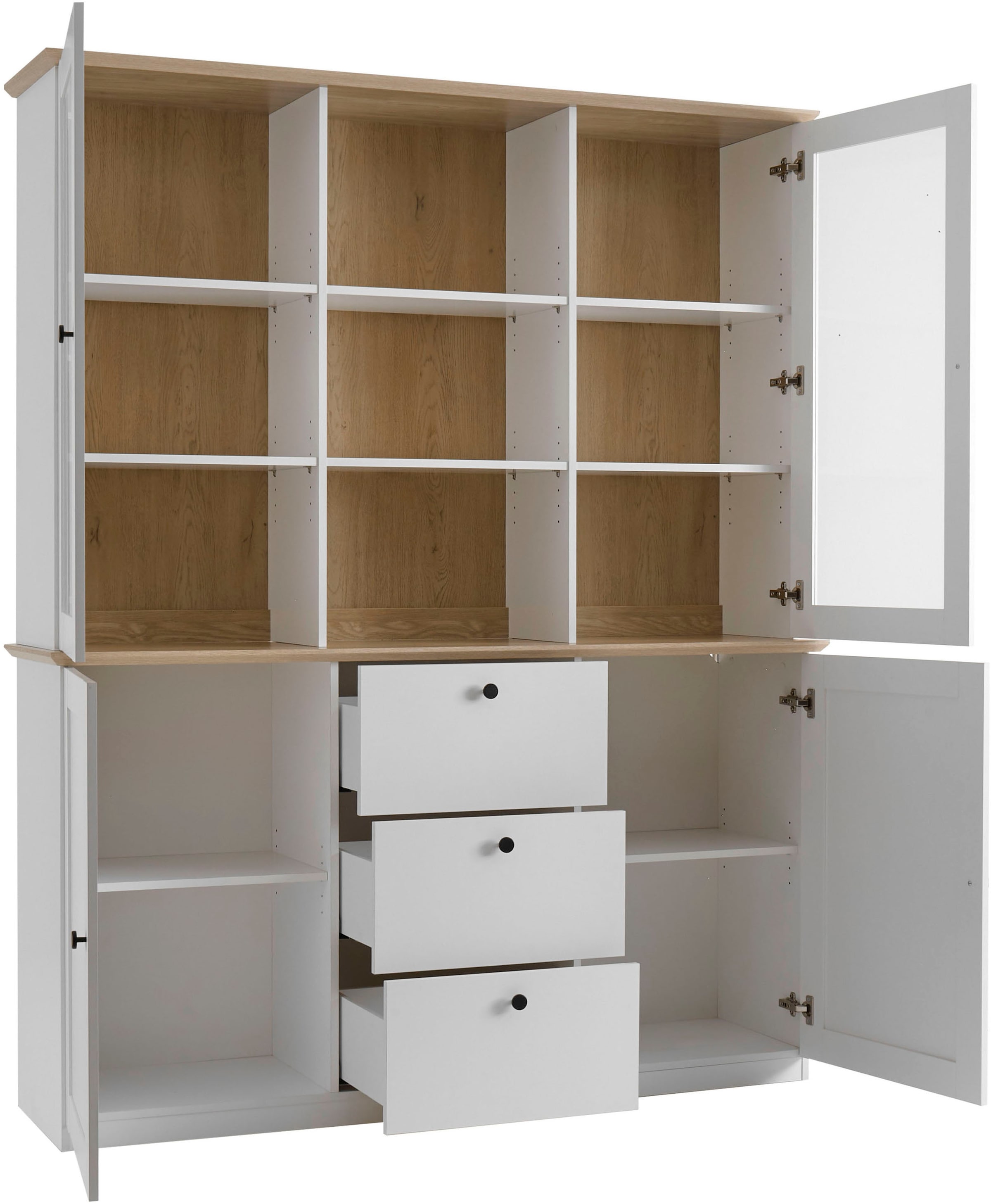 GOODproduct Buffet »Brest, Hochschrank im Landhausstil, Schrank, Küchenschrank« schwarze Metallgriffe, viel Stauraum, Glastüren, 164 cm breit