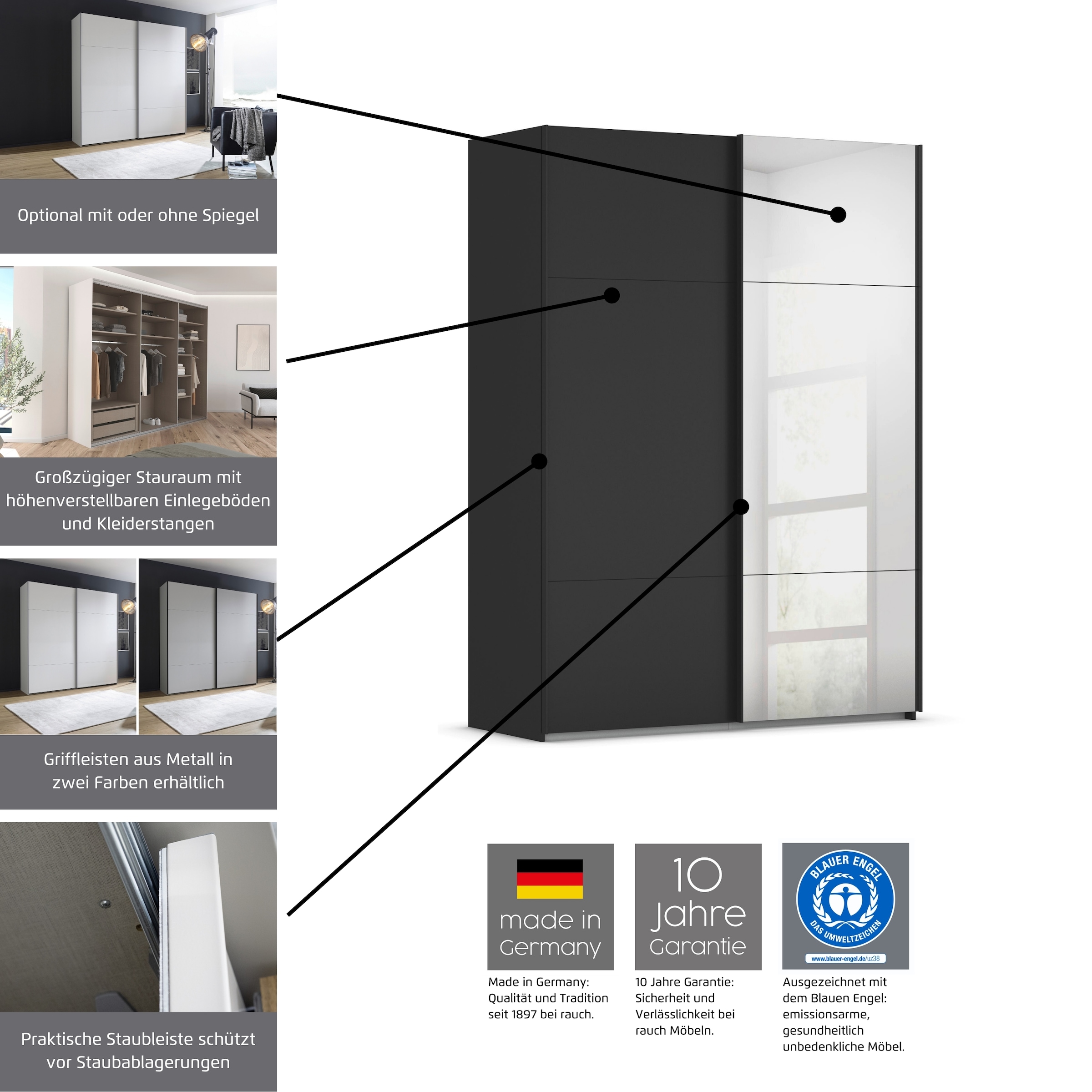 rauch Schwebetürenschrank »Kleiderschrank Schrank Garderobe Schlafzimmerschrank CONTIDO« 3 verschiedene Ausstattungen BASIC/CLASSIC/PREMIUM (inkl. SOFT-CLOSE),  aus hochwertigem Material in 6 Breiten 2 Griff-Farben MADE IN GERMANY