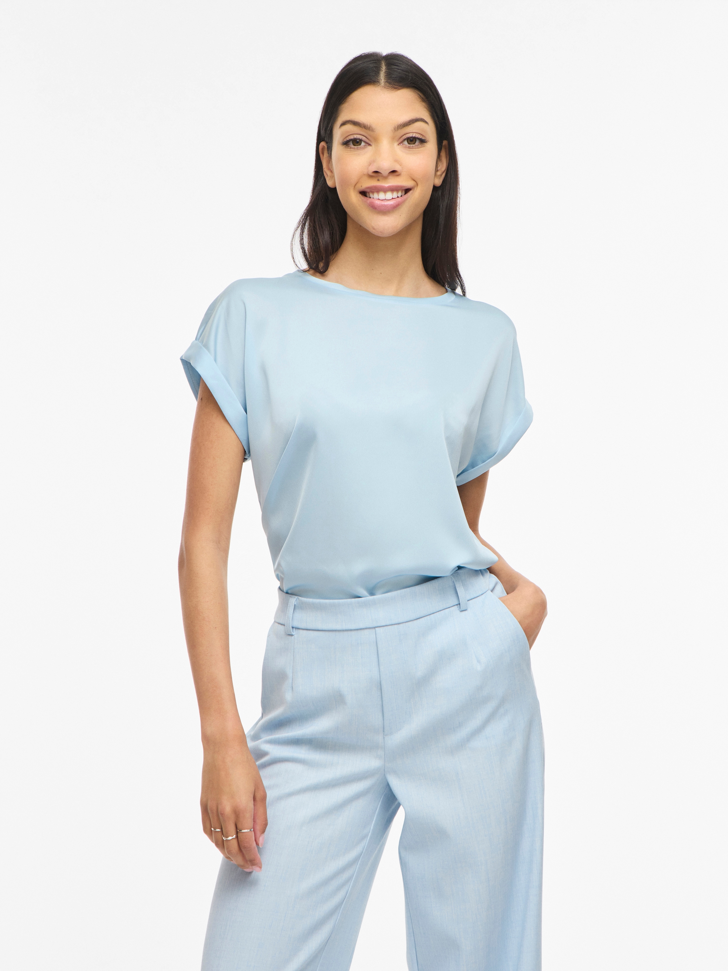 Vila T-shirt à manches courtes »VIELLETTE S/S SATIN TOP - NOOS« Kunstfaser, regular fit