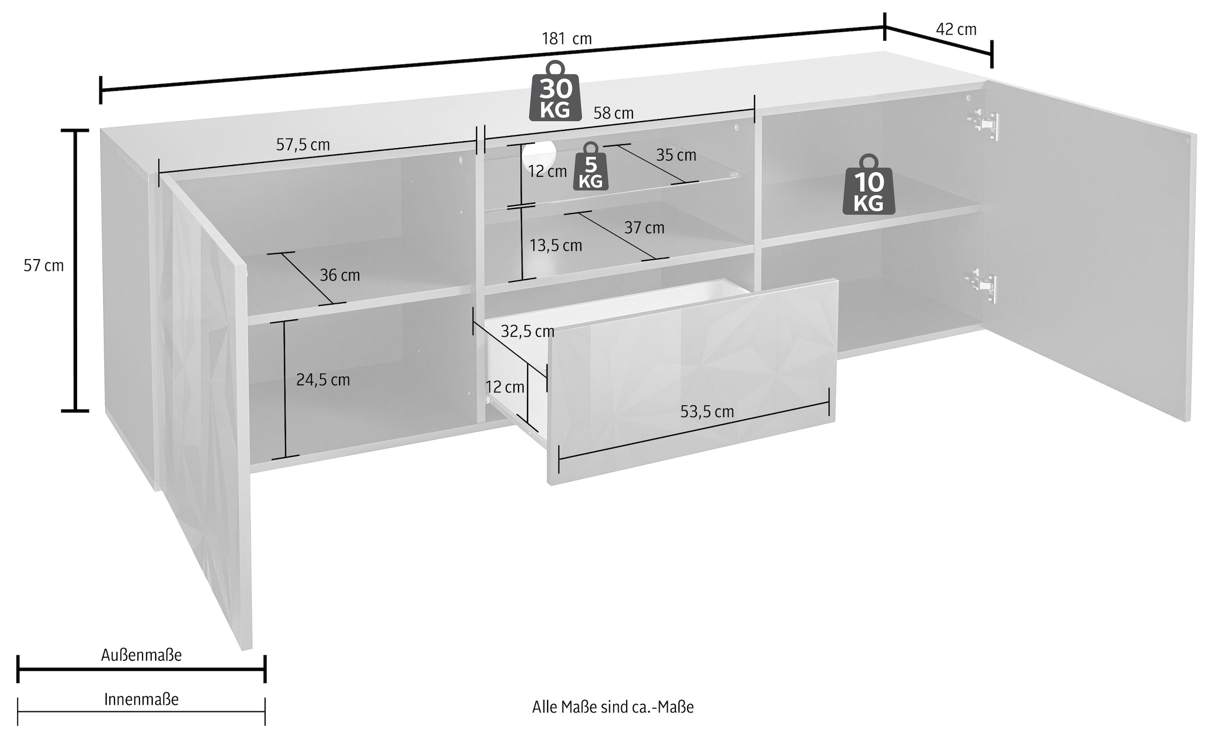 Home affaire Lowboard »Prisma Breite 181 cm, TV-Board 2 Türen, 1 Schubkasten, TV-Schrank« Front mit elegantem Siebdruck, grifflos, viel Stauraum