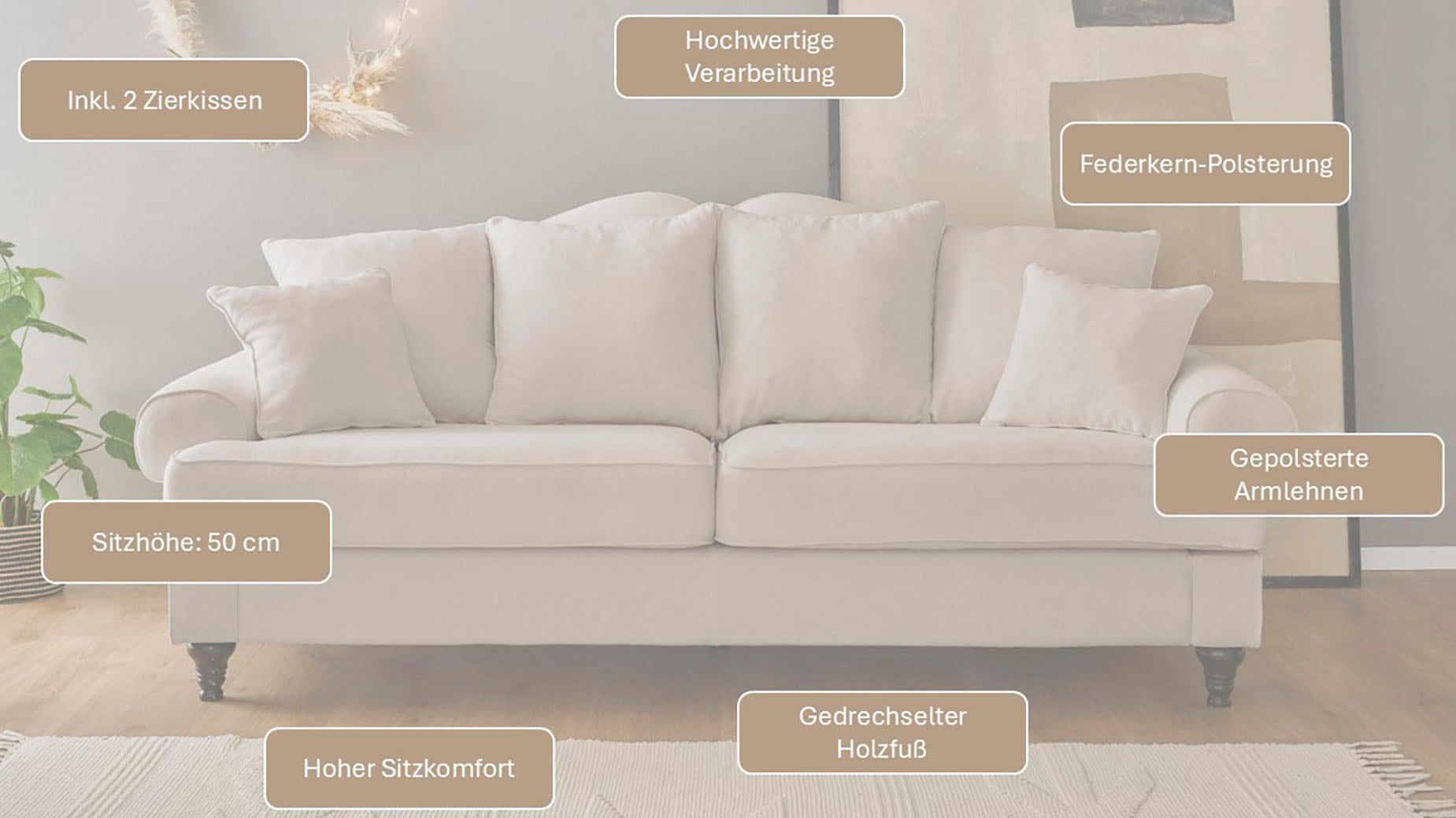 GOODproduct 3,5-places »Westminster, Sofa im Landhausstil, Couch mit Zierkissen« rembourrage à ressorts, pied tourné, revêtement microfibre de haute qualité