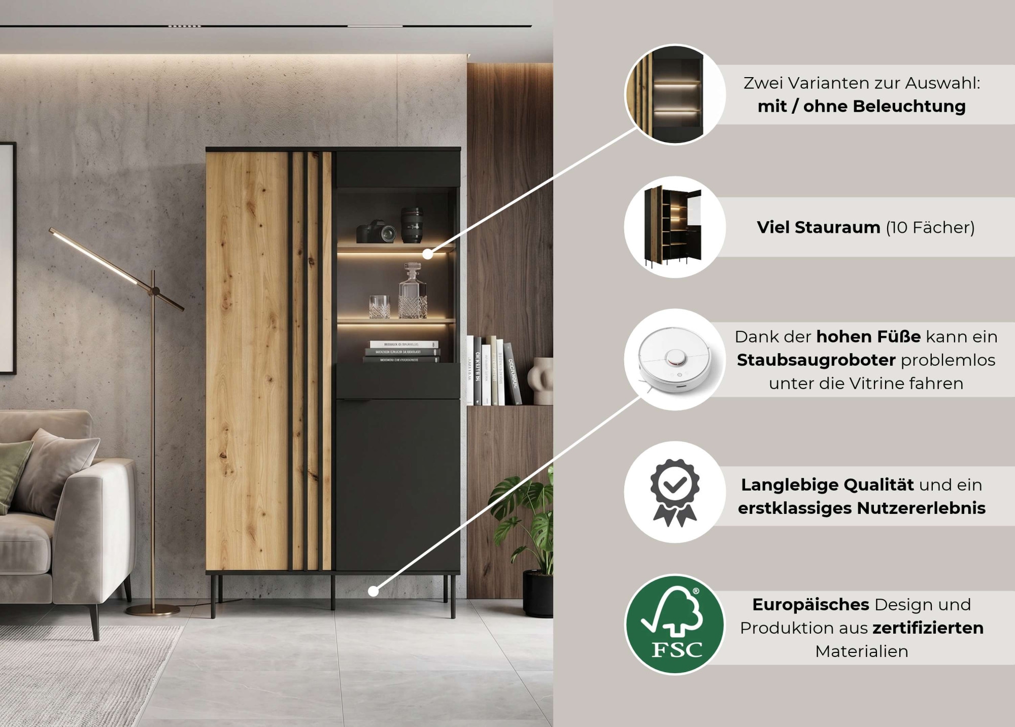 GOODproduct Vitrines »AELLOR Vitrineschrank mit/ohne Beleuchtung, verglast, viel Stauraum« Standvitrine/Glasvitrine mit 2 Türen, 8 Einlegeböden, matt Hochschrank