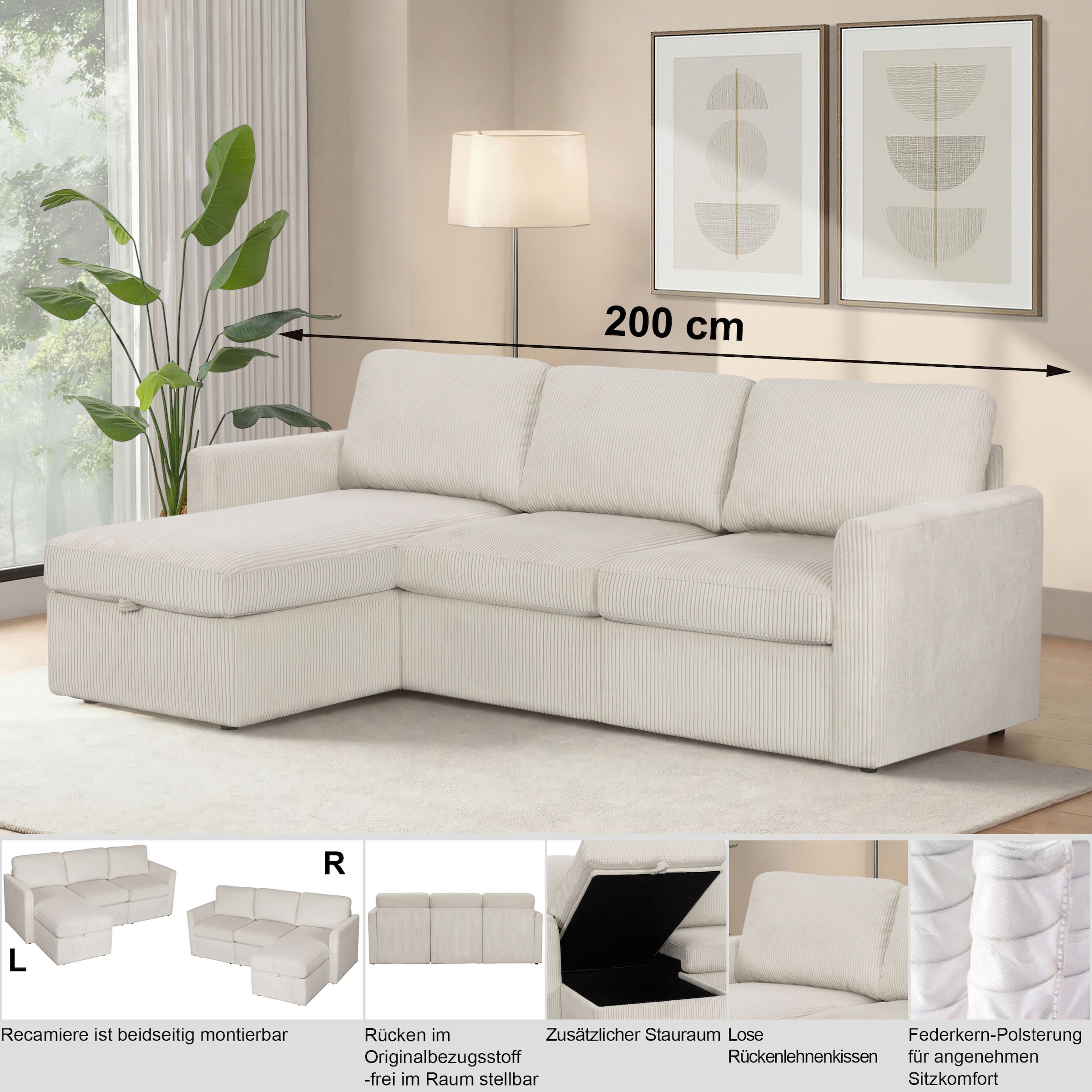 Dorel Home Canapé d'angle »NORDHUS, L-Form, 200 cm, Recamiere rechts/links montierbar« grosser Stauraum, softer Cord und feiner Webstoff-Bezug