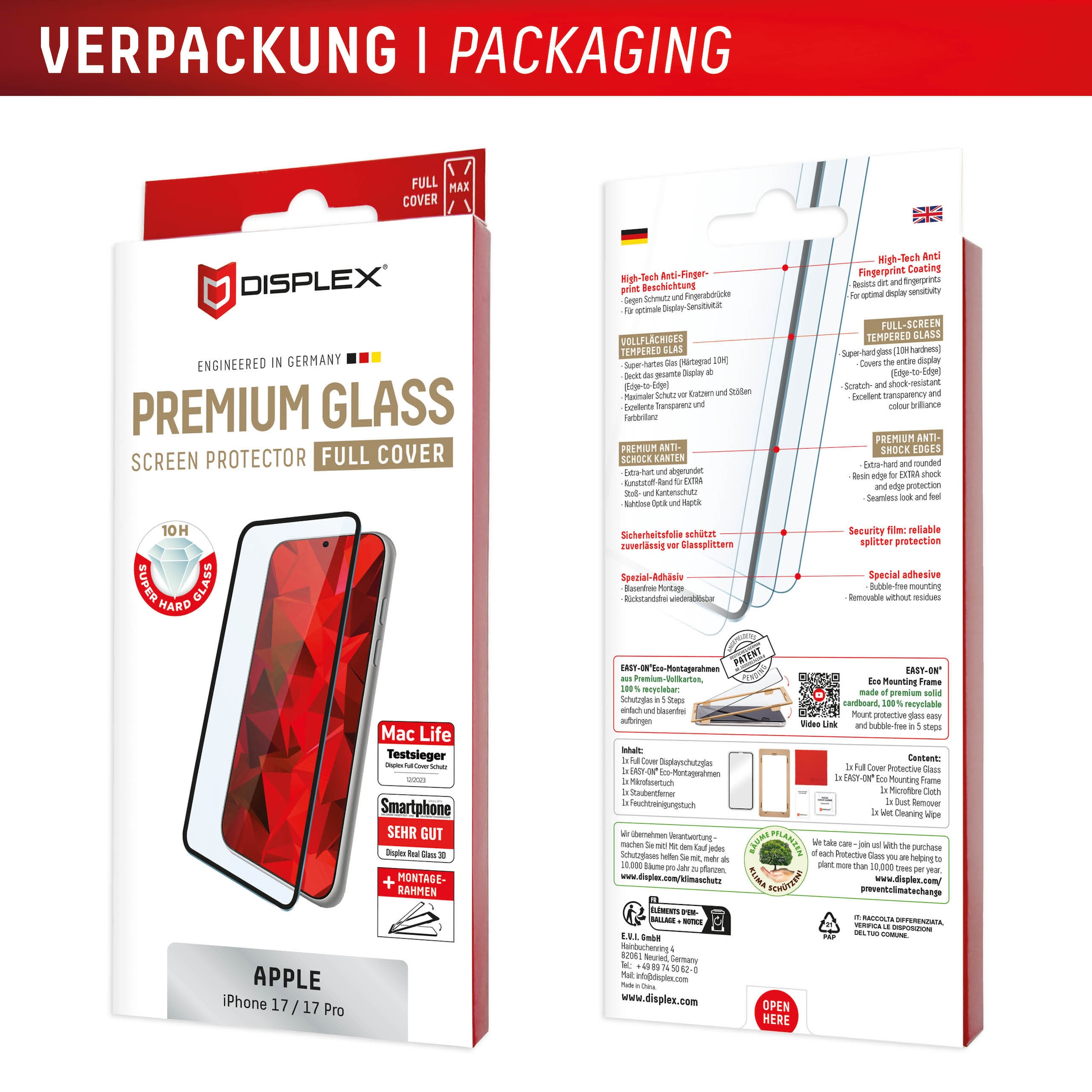 Displex Verre de protection d'écran »Premium Glass Screen Protector Full Cover« für Apple iPhone 17;Apple iPhone 17 Pro Displayschutzfolie, Schutzfolie, Bildschirmschutz, kratz- & stossfest