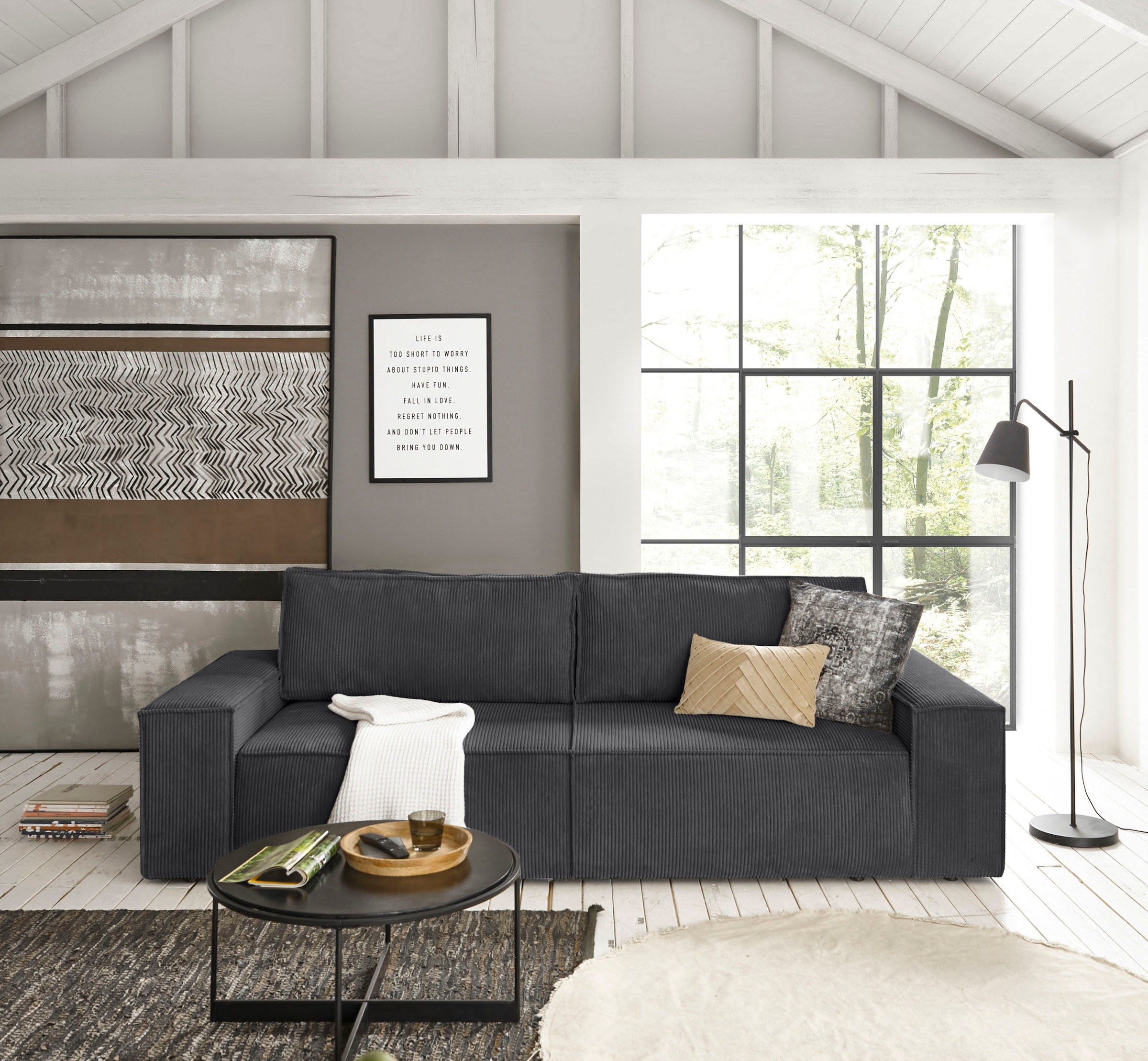Home affaire 3-places »SHERWOOD Schlafsofa (257cm) Cord, Samtvelours, Vintage-Lederoptik« Schlaffunktion mit Bettkasten (ca. 136/200cm)