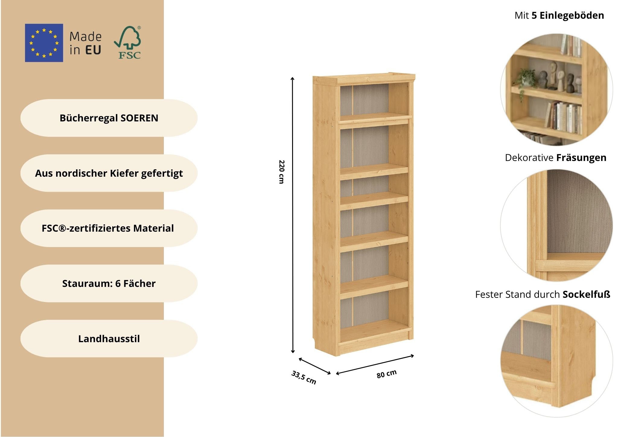 GOODproduct Bücherregal »Soeren Regal B/T/H: 80/33,5/220 cm, mit 6 Fächern« massive Kiefer, FSC®-zertifizier