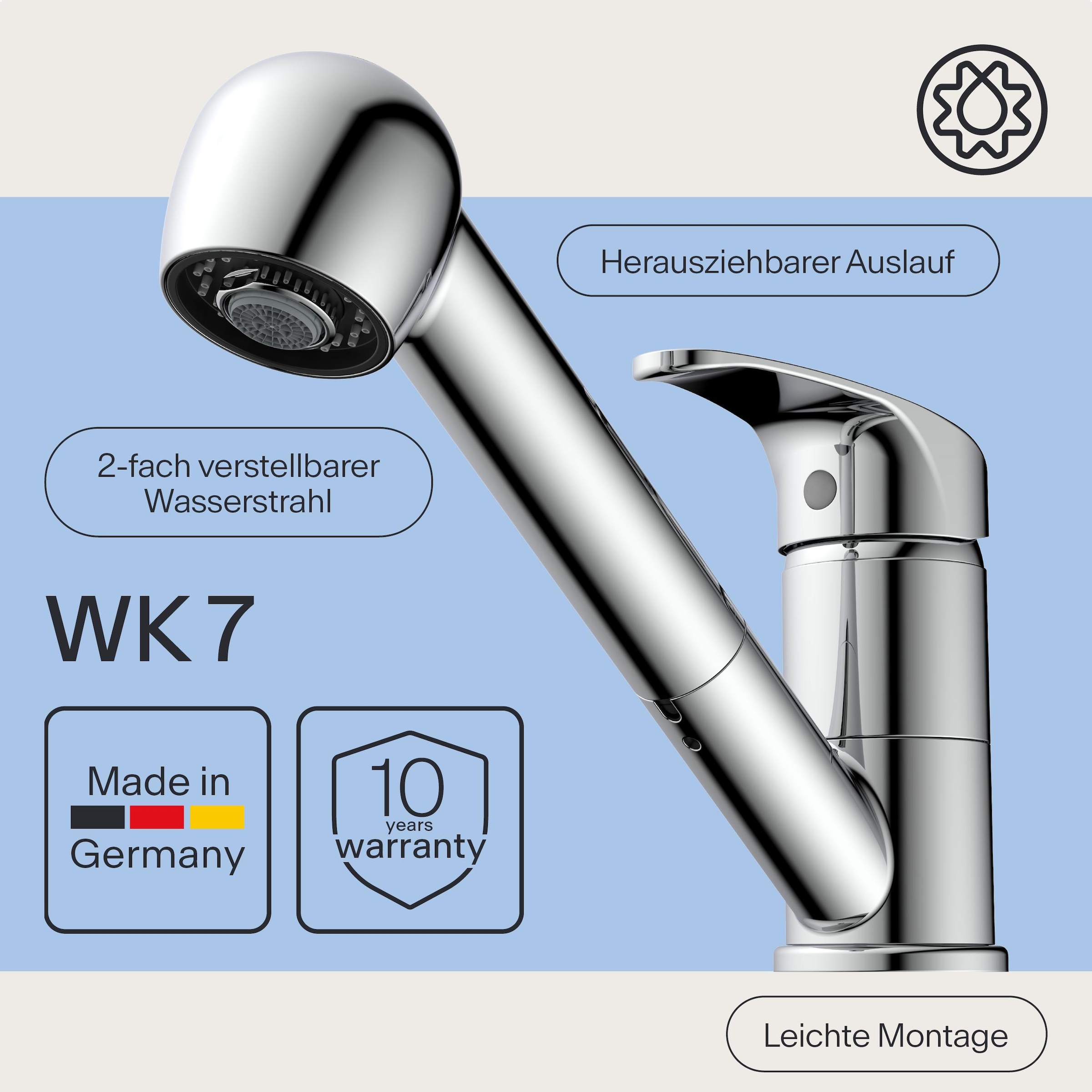 WASSERWERK Robinet d'évier »WK 7, Wasserhahn, Küche, Einhebelmischer« Pivotant à 90°, réglable en 2 positions, extensible