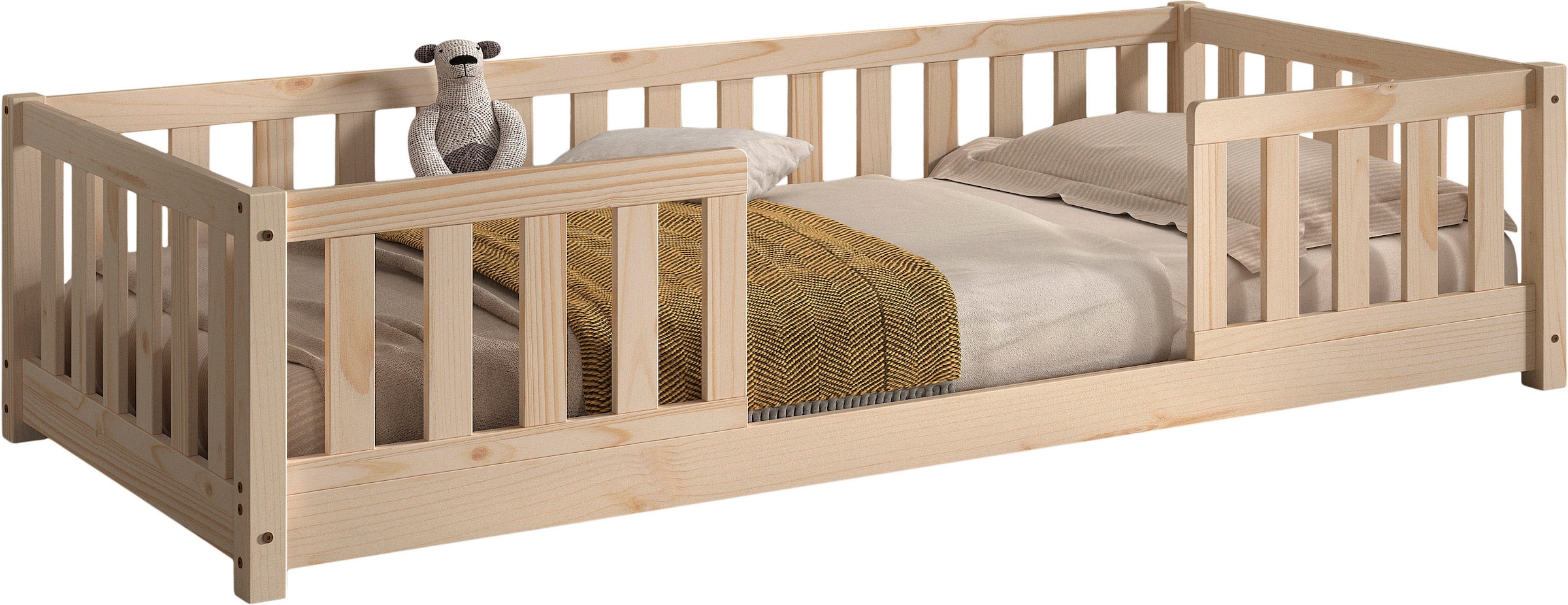 Vipack Lit d'enfant »Dallas, massiv Bett, Rausfallschutz, umbaubar vom Boden- zum Daybett« Incl. sommier à lattes roulantes et cadre à barreaux, largeur 90 ou 140x200 cm,  construction stable et solide, en pin massif naturel ou blanc au choix