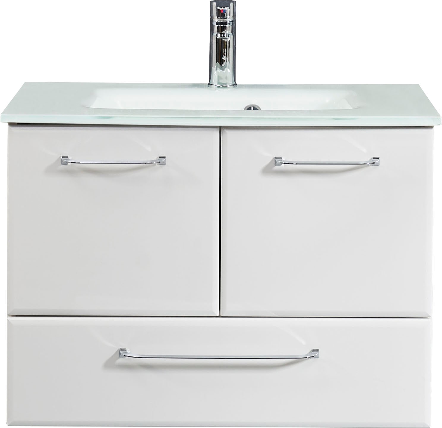 Saphir Waschtisch »Quickset Glaswaschtisch mit Unterschrank, 74 cm breit, Waschplatz« Griffe in Chrom Glanz, inkl. Türdämpfer, 2 Türen, 1 Schublade