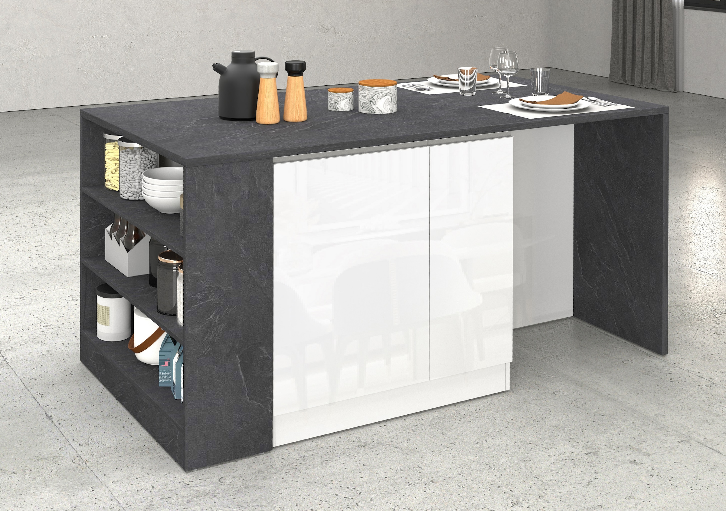 KOCHSTATION Ilot de cuisine »KS-Sole, Kochinsel, Küchenarbeitsblock, Arbeitsinsel, Made in Italy« Breite 167,5 cm, 2 Apothekerauszüge, 2 Essplätze, 1 offenes Regal