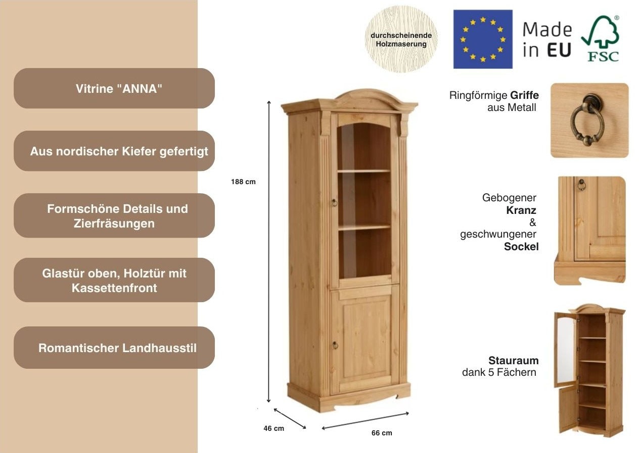 Home affaire Vitrine »Anna« Gesamtmasse (B/T/H): ca. 66/46/188 cm,  mit Glastür, Höhe 188 cm, Massivholz, mit Zierfräsungen, FSC®
