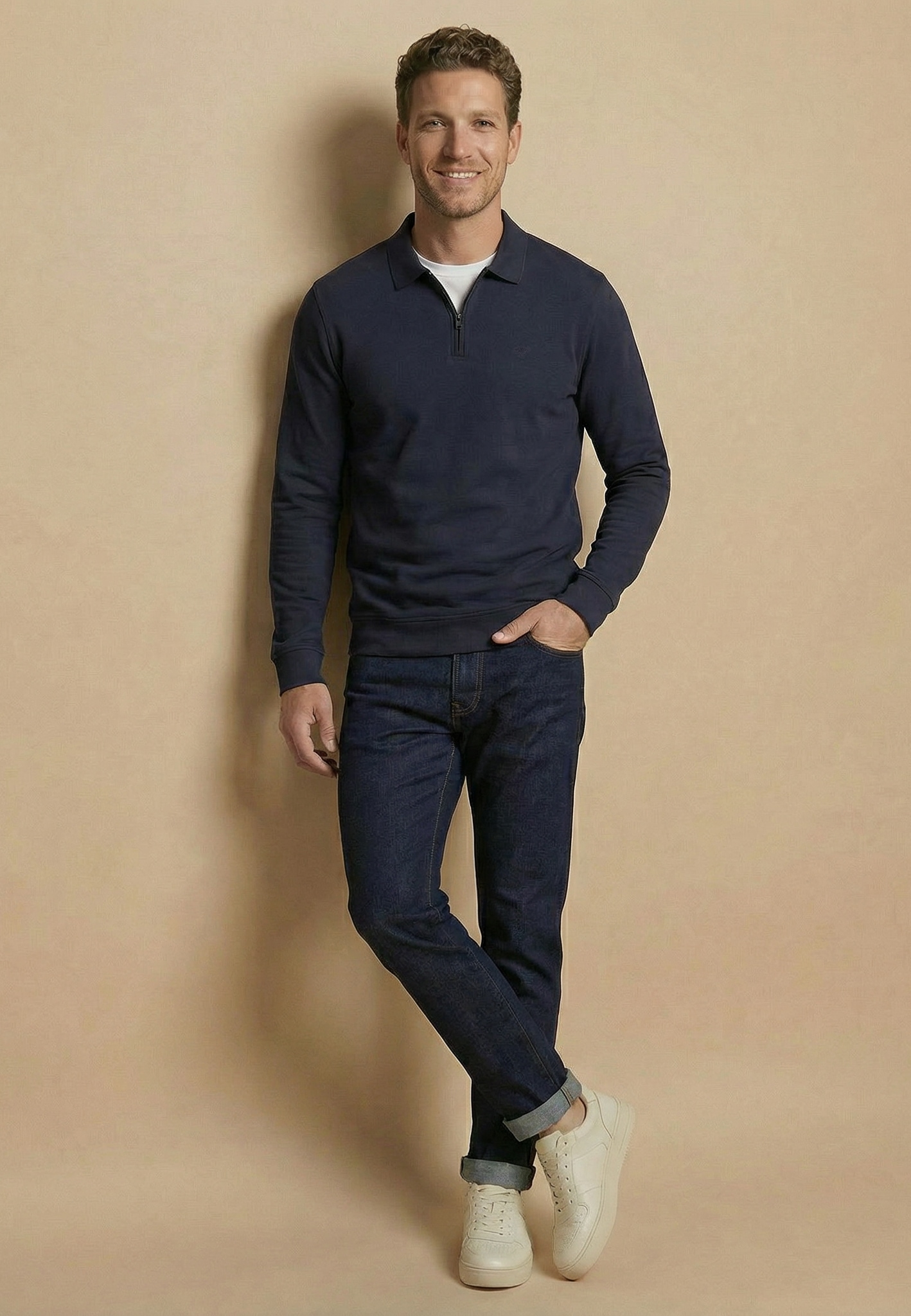 FYNCH-HATTON Langarmshirt normale Passform, mit Zipper, mit Hemdkragen, hüftbedeckende Länge