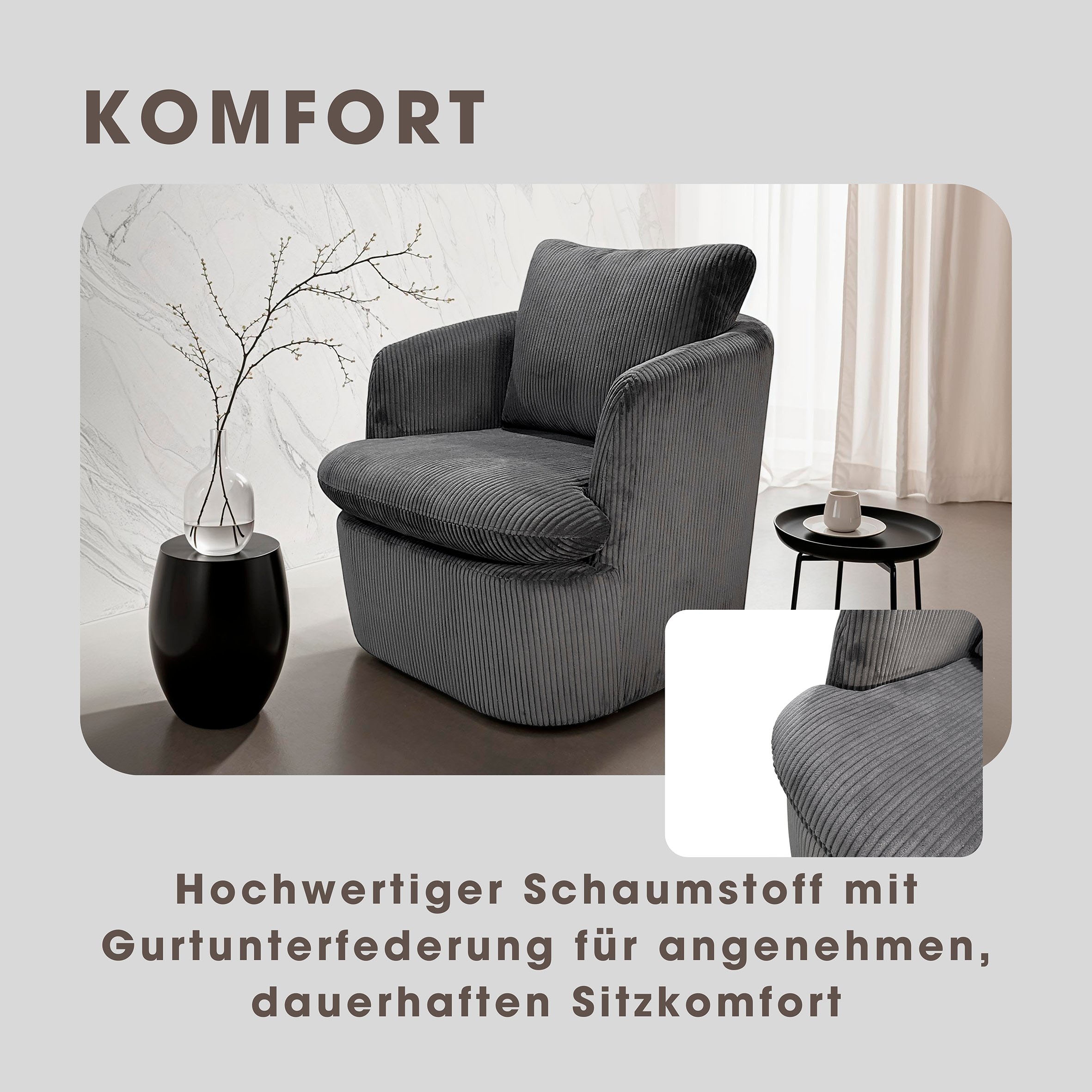 byLIVING Sessel »HARMONY« Grob-Cord, 360° drehbar, Schaumstoff, loses Sitz- und Rückenkissen