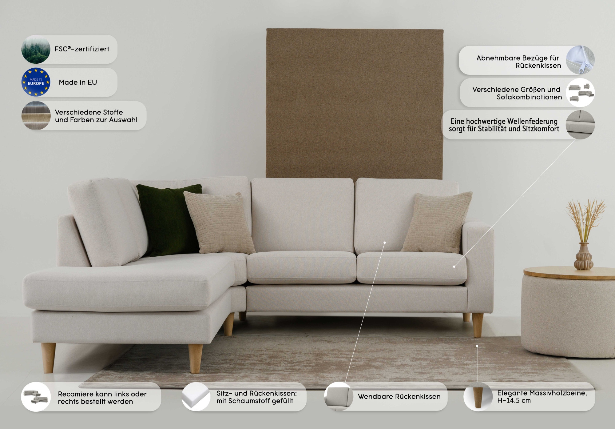 andas Ecksofa »Tvinno« im skandinavischen Stil, L-Form, mit Massivholzfüssen, Breite 230 cm