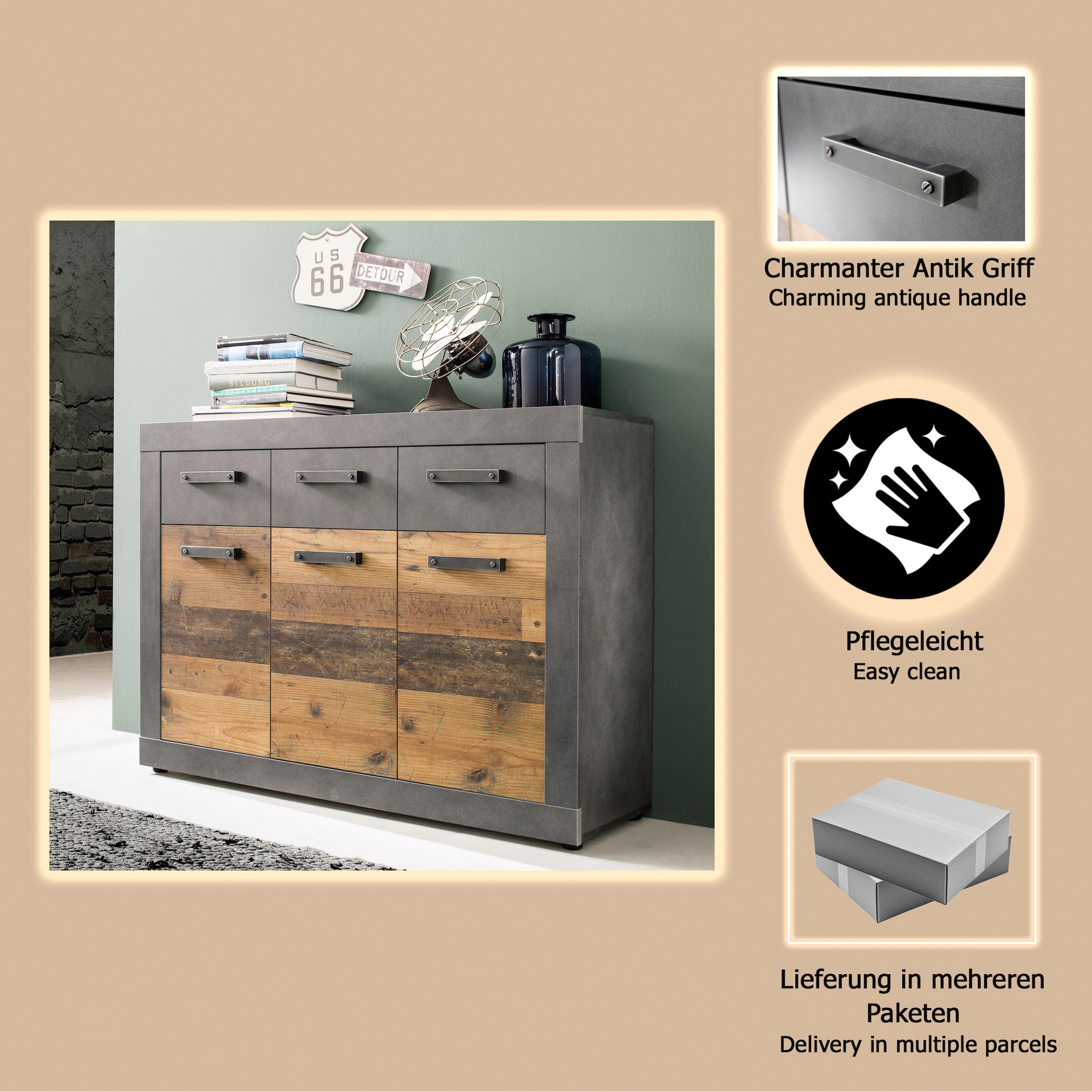 INOSIGN Commode »Ilana« Kommode mit 3 Türen & 3 Schubladen - (B/T/H) 117/37/86 cm