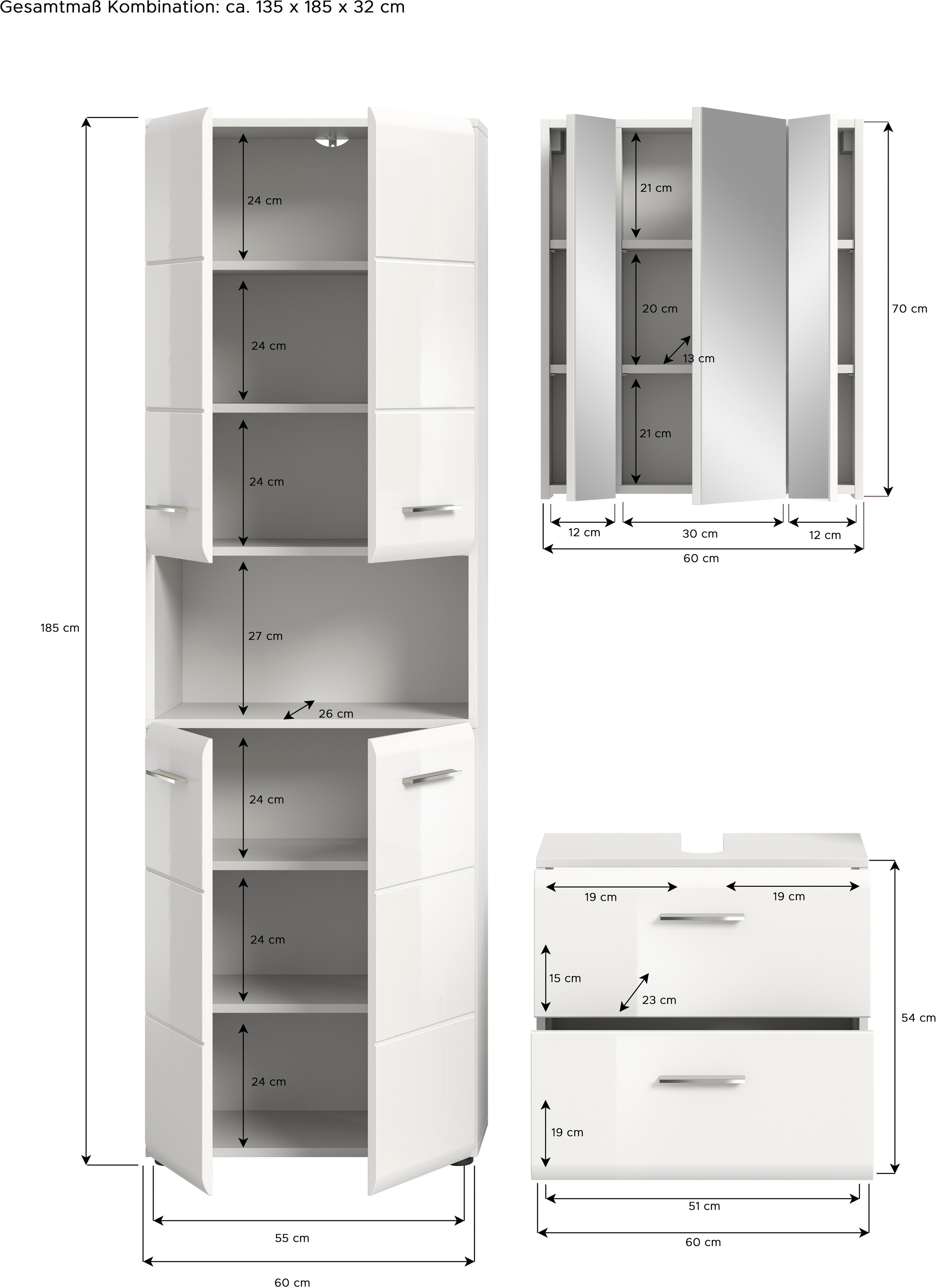 welltime Badmöbel-Set »FLORENZ,  3-teilige Badkombination, hochwertige MDF-Front« Set, best. aus: 1 Hochschrank, 1 Waschbeckenunterschrank, 1 Spiegelschrank, 