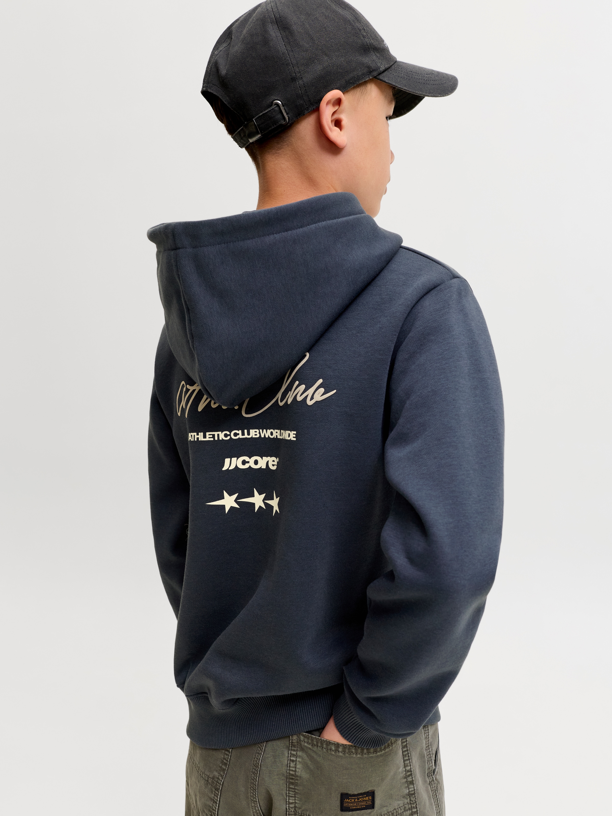 Jack & Jones Junior Kapuzensweatshirt »JCOCLUB BACK SCRIPT SWEAT HOOD SN JNR«, Baumwollmischung, locker geschnitten
